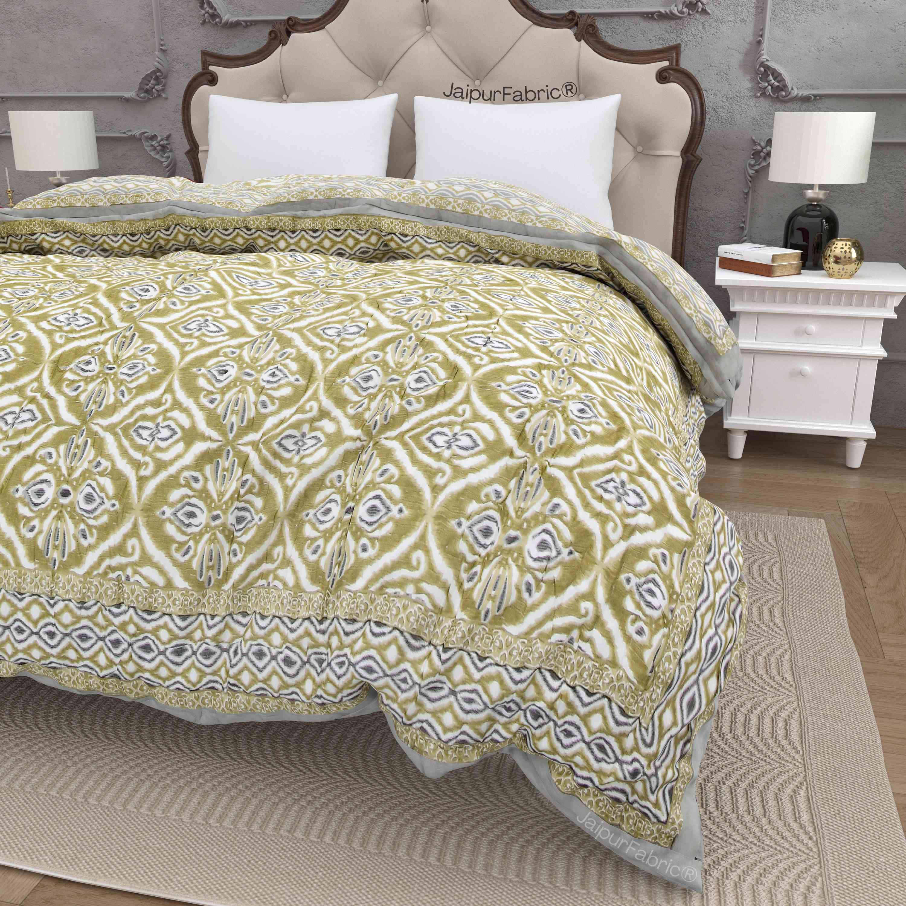 Saffron Splendor Reversible Double Bed Quilt Rajai with Ornate Geometric Charms Design