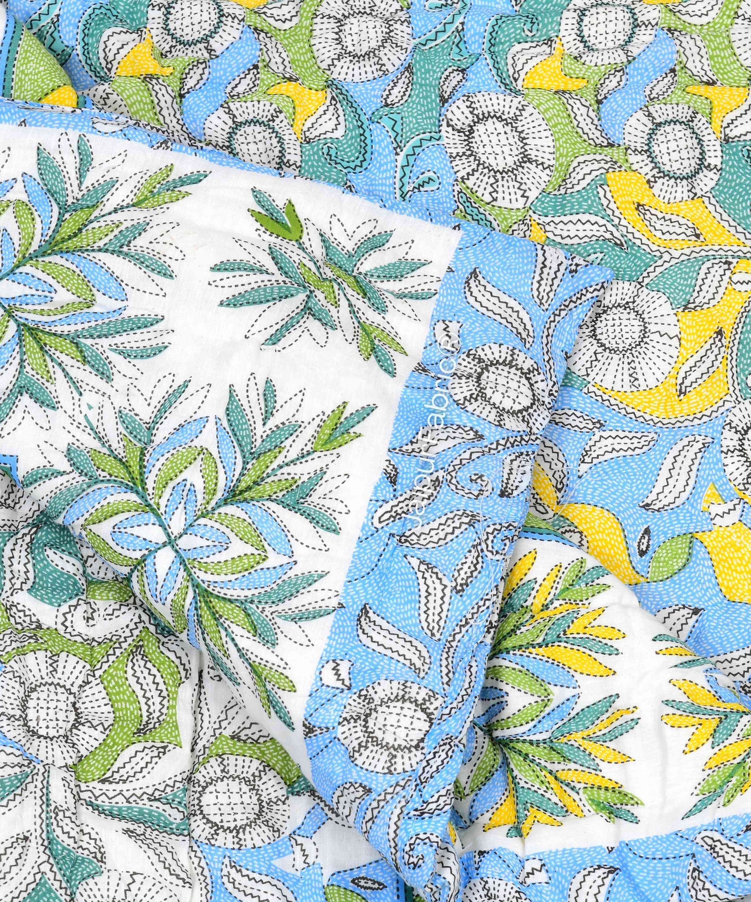 Tropical Dreamscape Blue & Green with Lush Floral Patterns Reversible Quilt Double Bed Rajai
