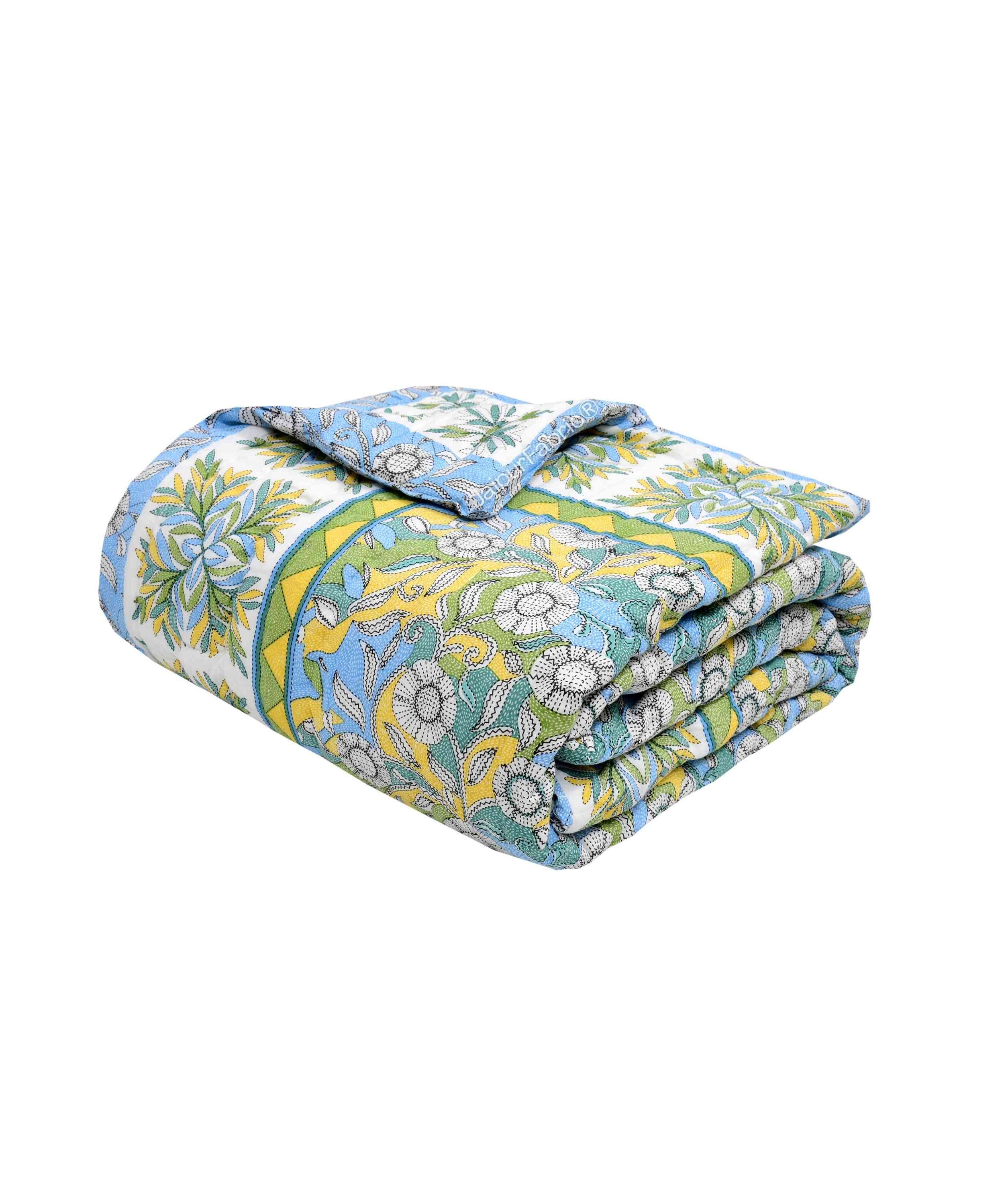 Tropical Dreamscape Blue & Green with Lush Floral Patterns Reversible Quilt Double Bed Rajai