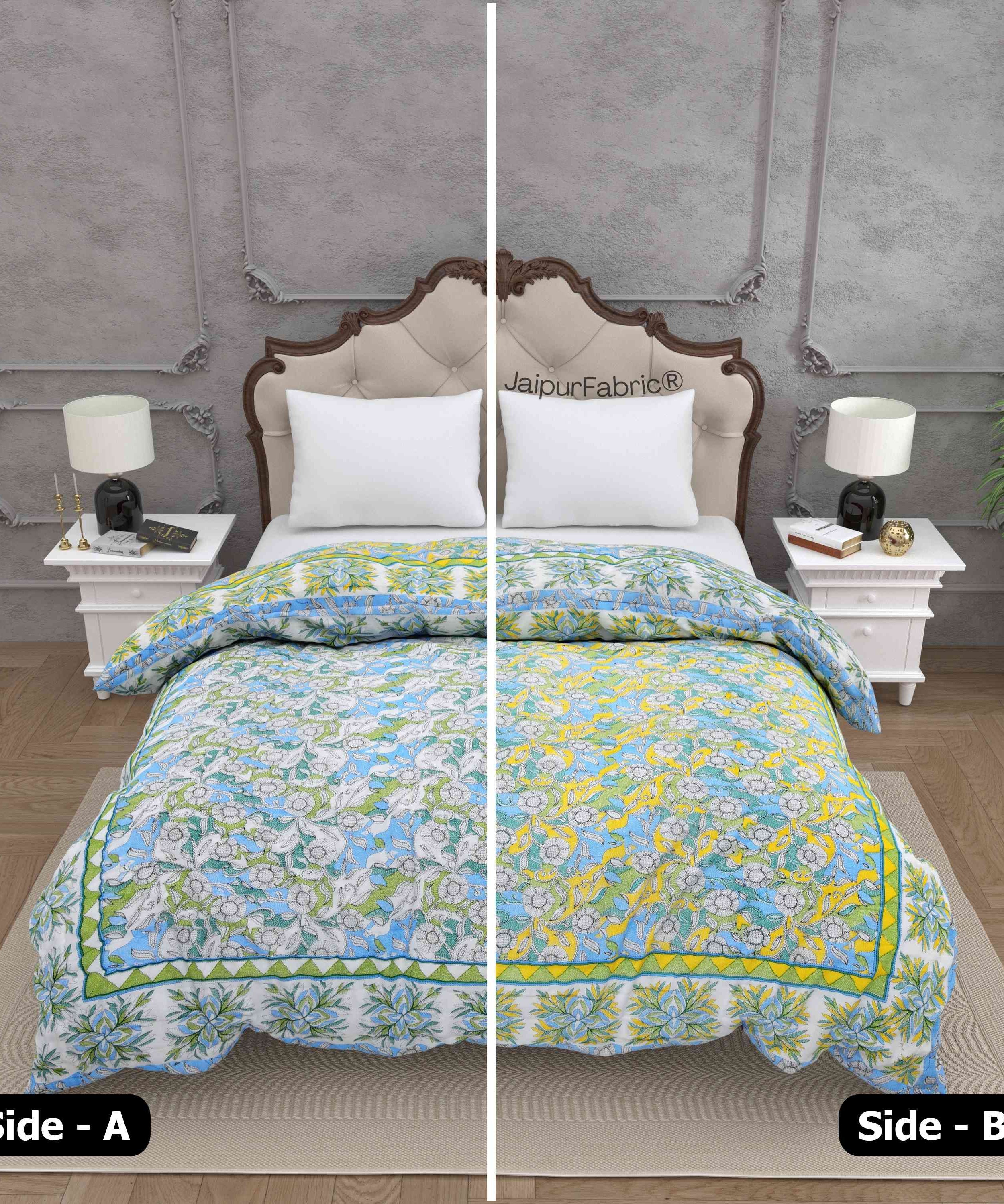 Tropical Dreamscape Blue & Green with Lush Floral Patterns Reversible Quilt Double Bed Rajai