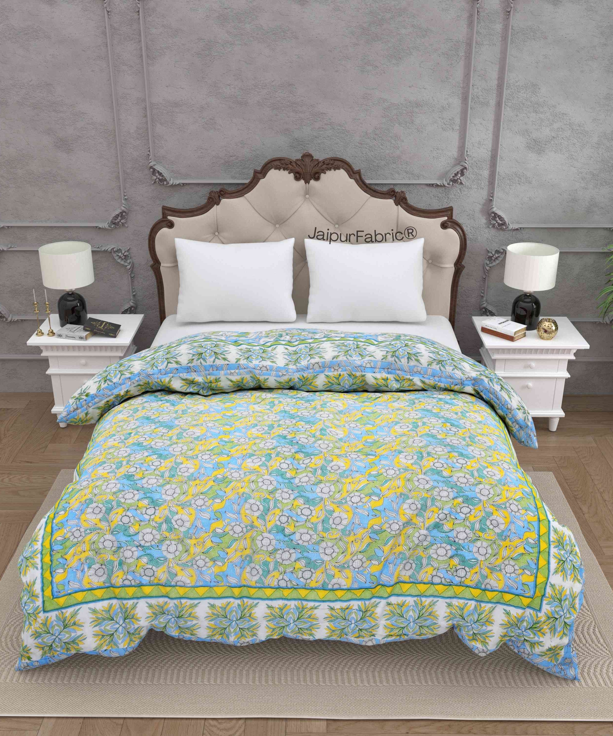 Tropical Dreamscape Blue & Green with Lush Floral Patterns Reversible Quilt Double Bed Rajai