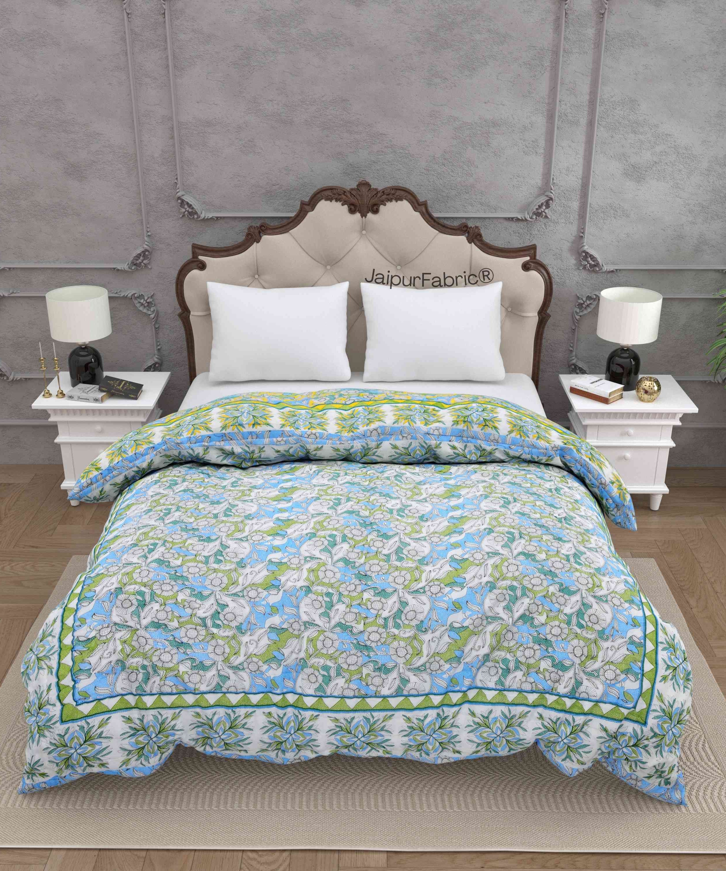Tropical Dreamscape Blue & Green with Lush Floral Patterns Reversible Quilt Double Bed Rajai