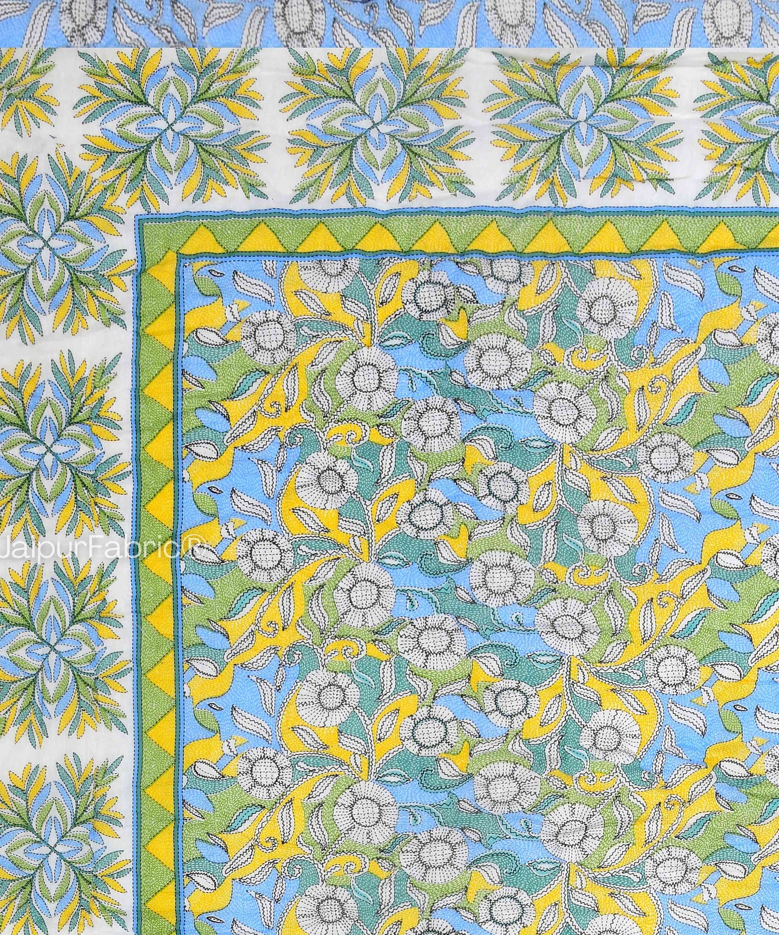 Tropical Dreamscape Blue & Green with Lush Floral Patterns Reversible Quilt Double Bed Rajai