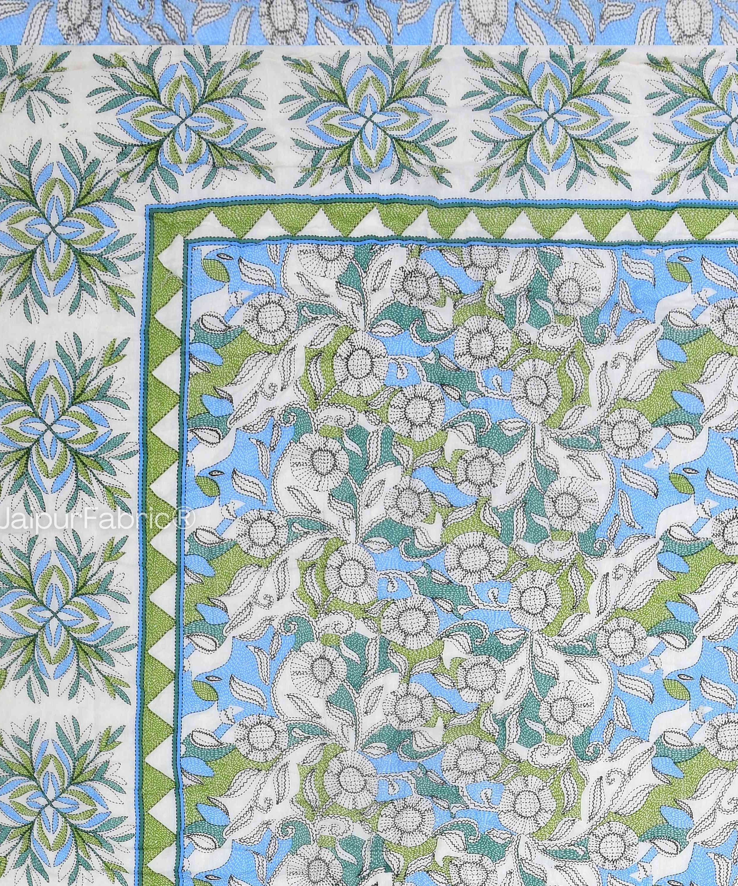 Tropical Dreamscape Blue & Green with Lush Floral Patterns Reversible Quilt Double Bed Rajai