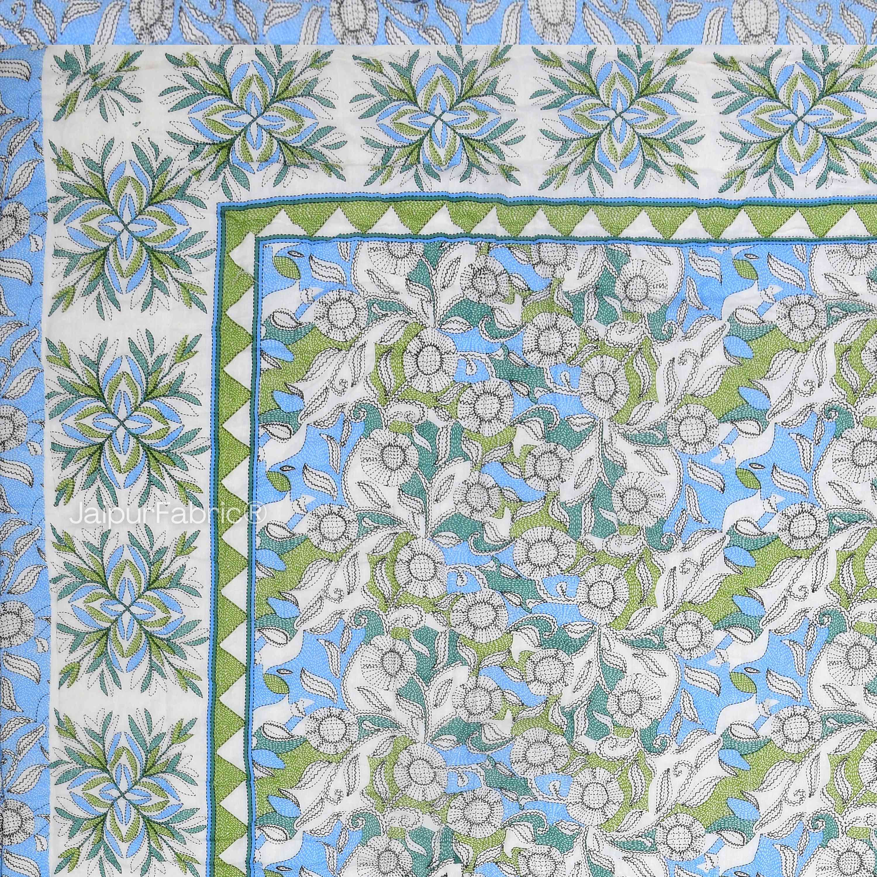 Tropical Dreamscape Blue & Green with Lush Floral Patterns Reversible Quilt Double Bed Rajai