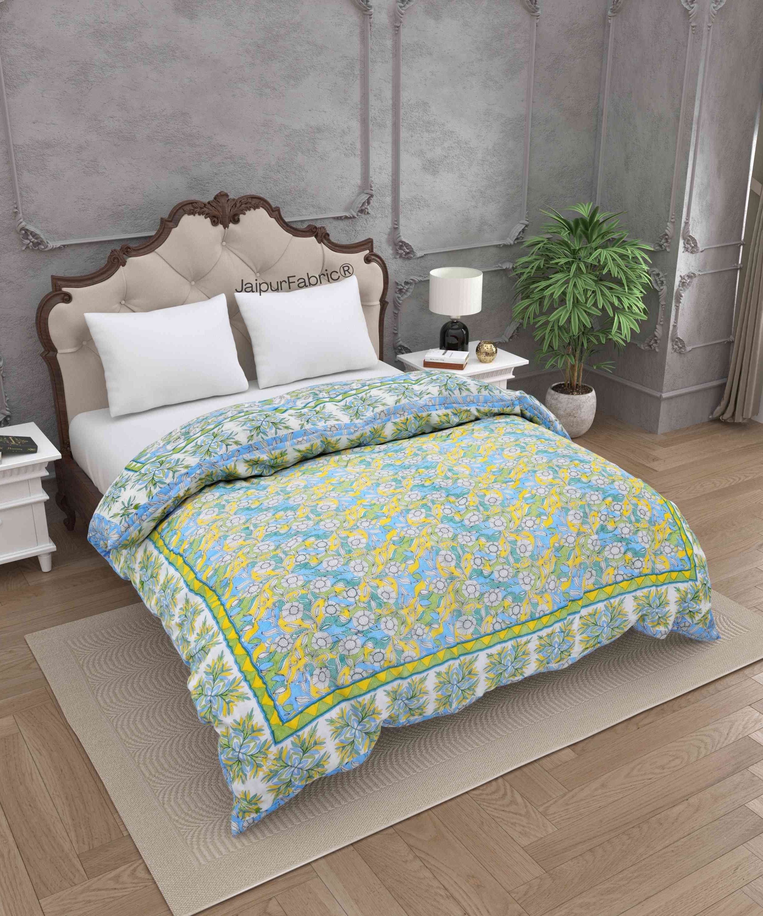 Tropical Dreamscape Blue & Green with Lush Floral Patterns Reversible Quilt Double Bed Rajai
