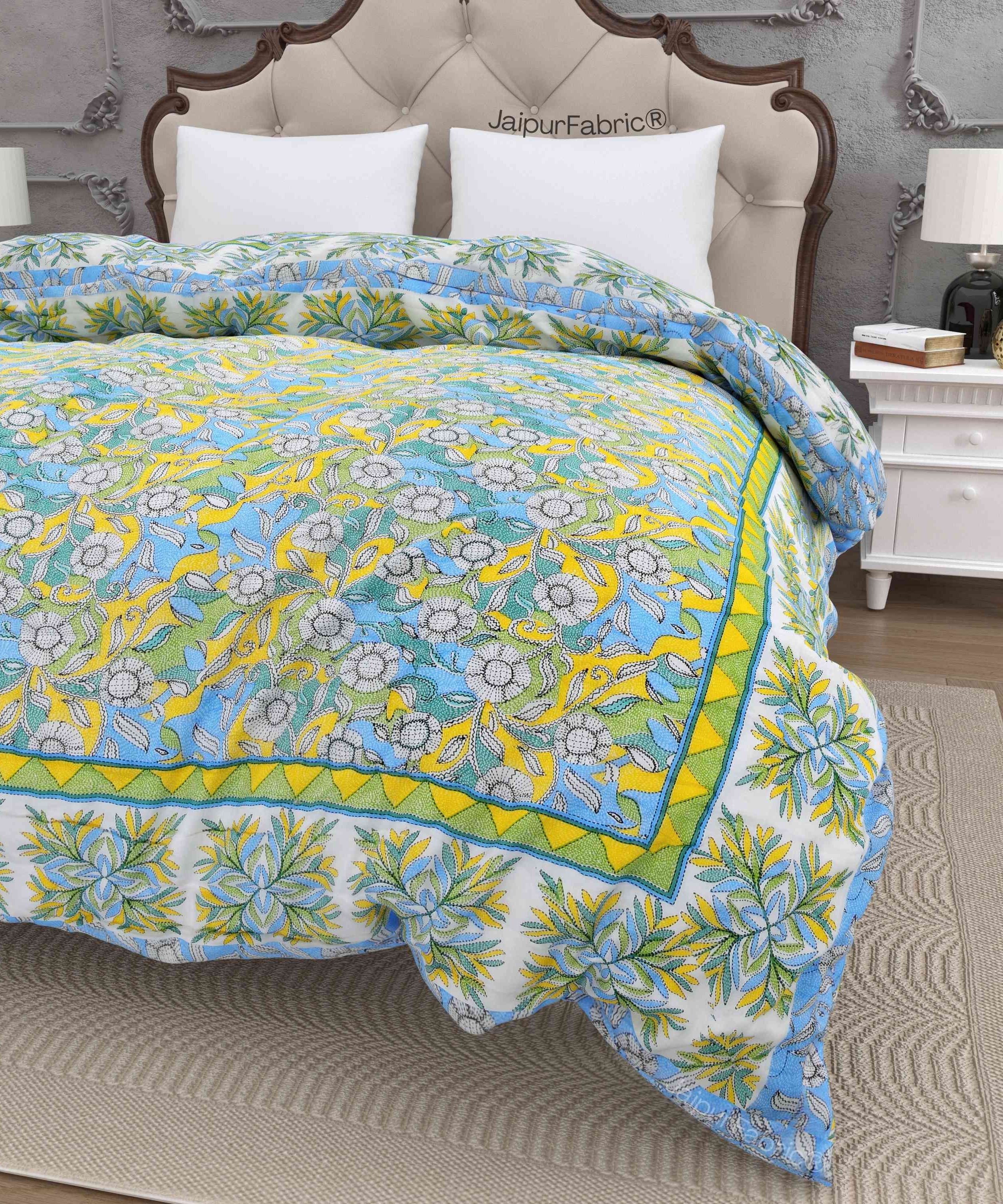 Tropical Dreamscape Blue & Green with Lush Floral Patterns Reversible Quilt Double Bed Rajai