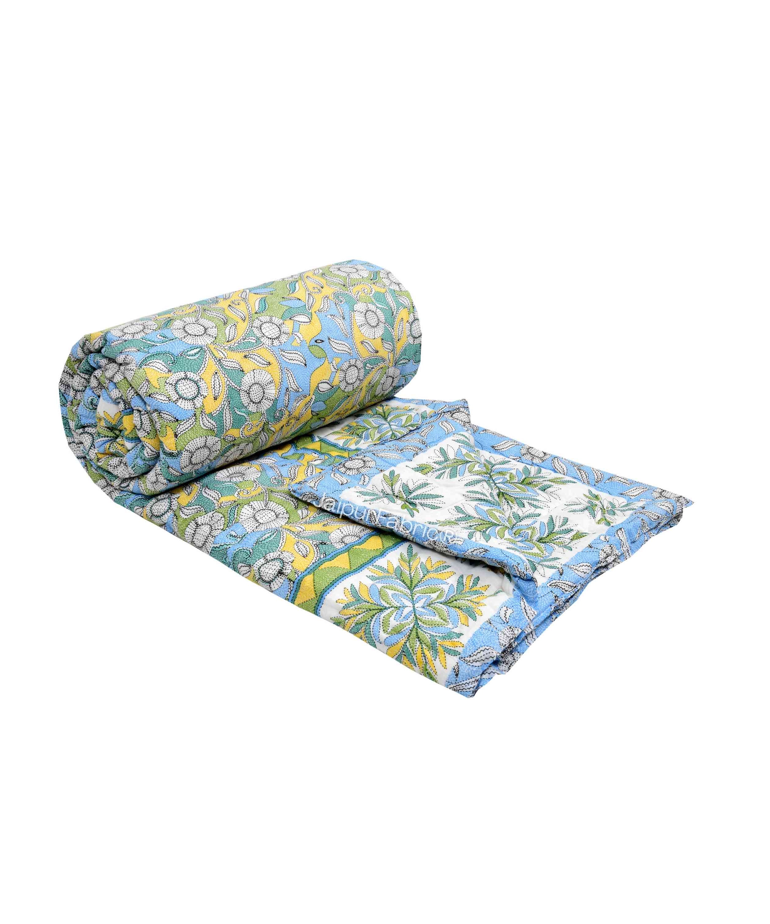 Tropical Dreamscape Blue & Green with Lush Floral Patterns Reversible Quilt Double Bed Rajai