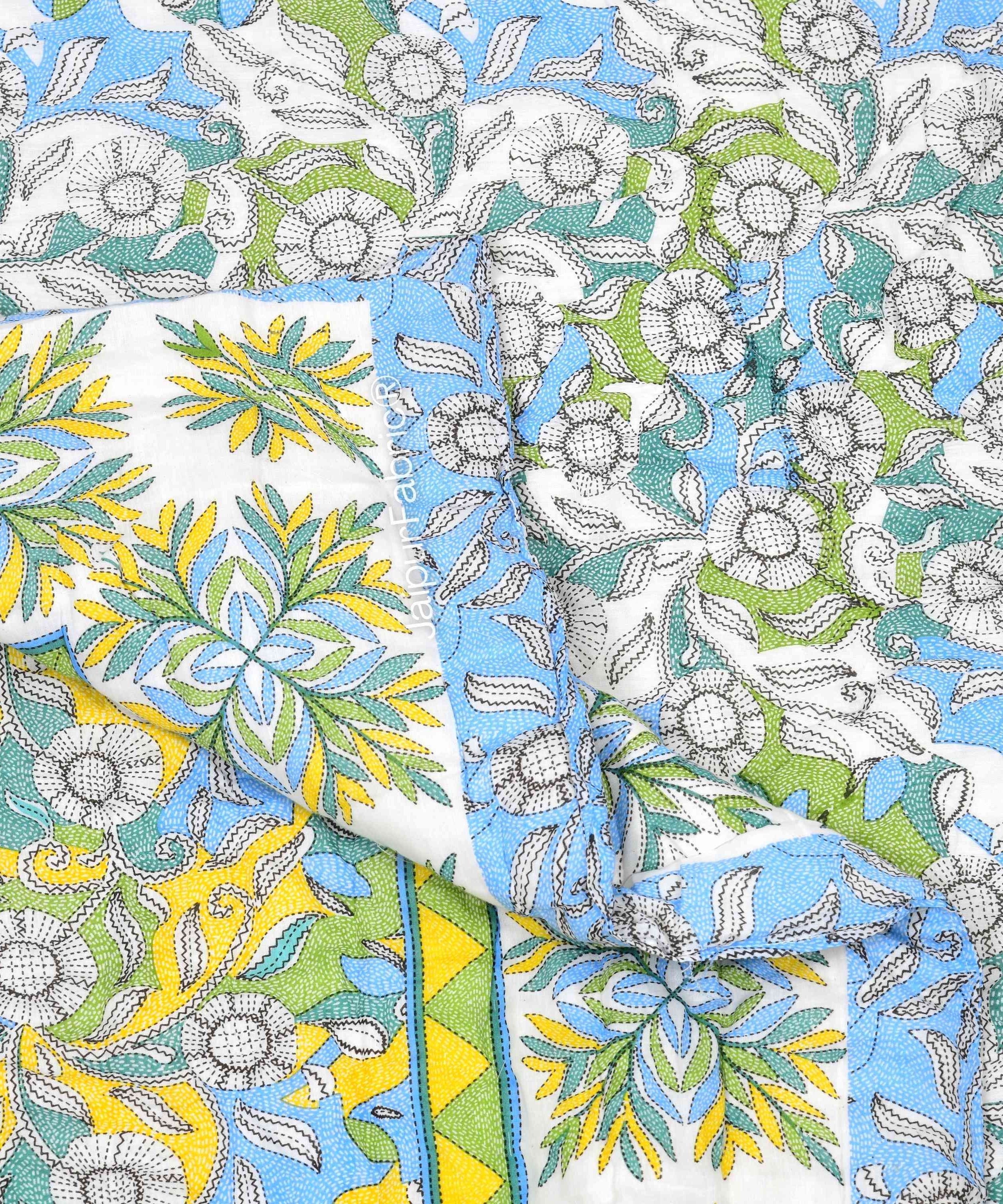 Tropical Dreamscape Blue & Green with Lush Floral Patterns Reversible Quilt Double Bed Rajai