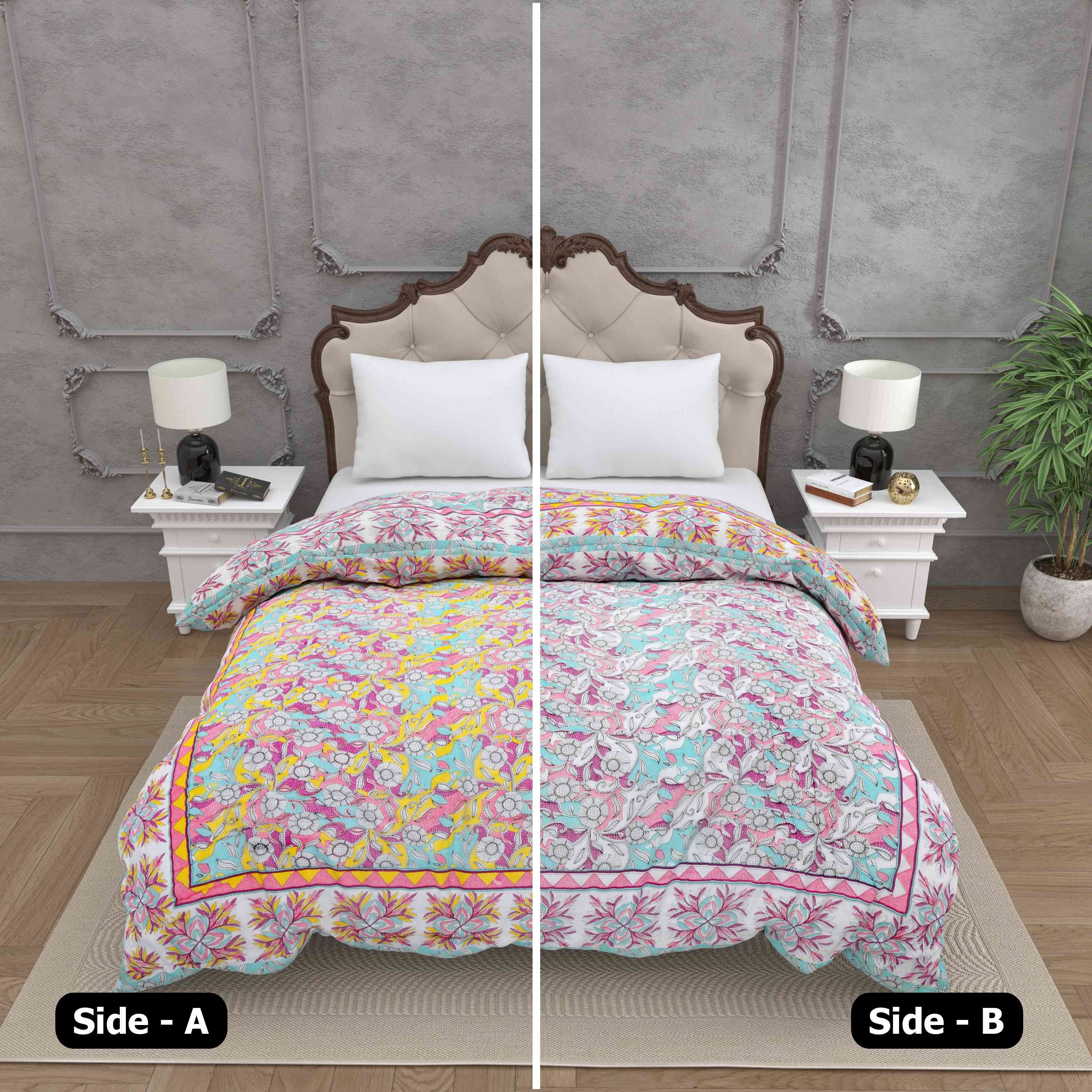 Tropical Dreamscape Colorful Lush Floral Patterns Reversible Quilt Double Bed Rajai