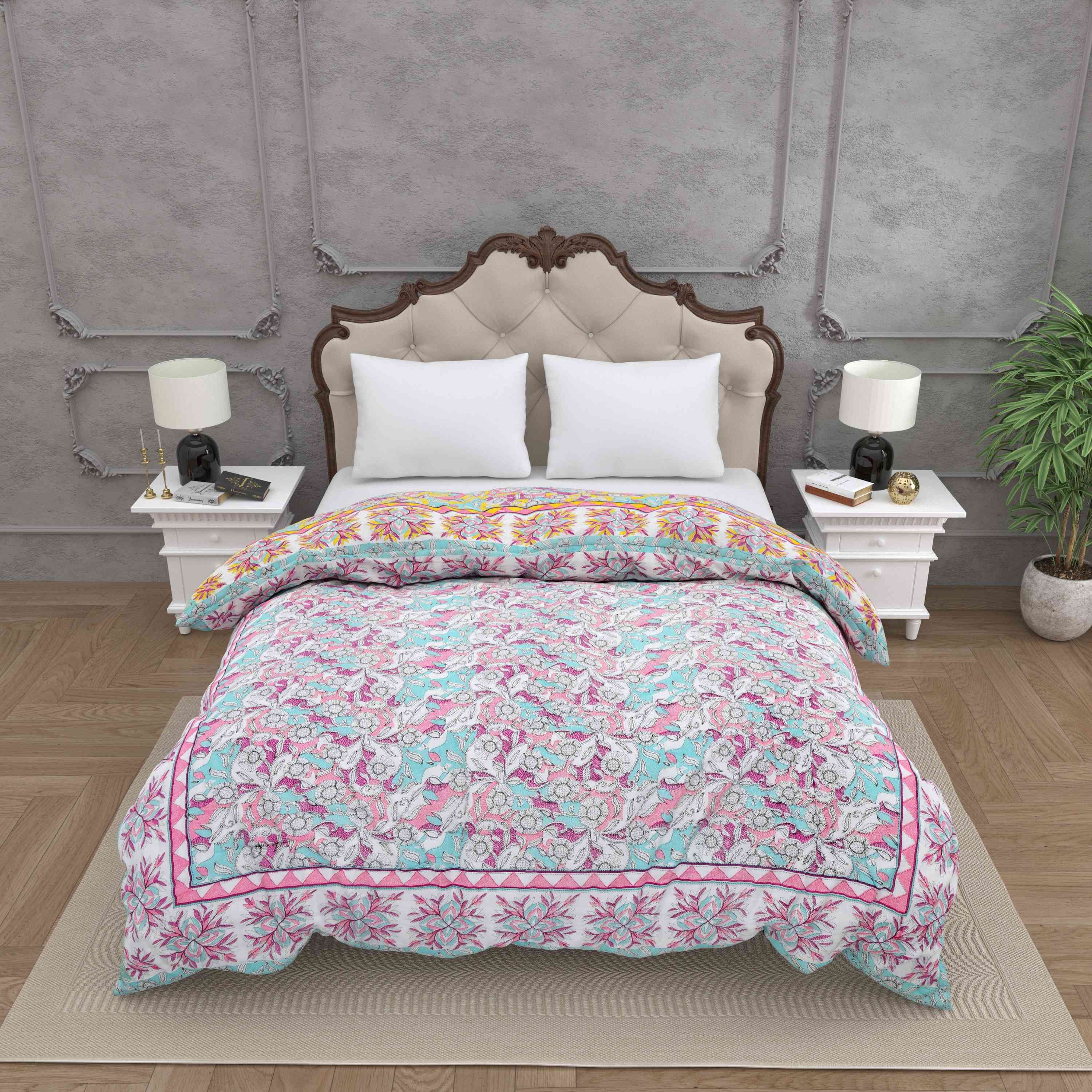 Tropical Dreamscape Colorful Lush Floral Patterns Reversible Quilt Double Bed Rajai