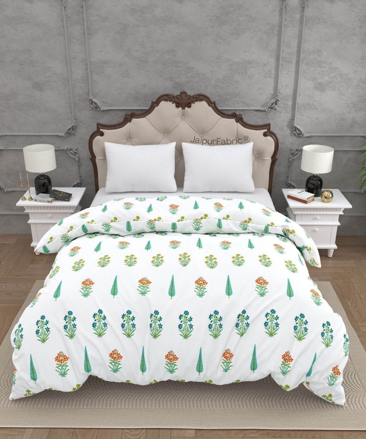 Jaipur Mela Hand Block Printed Sea Green Trees and Flowers Double Bed Quilt