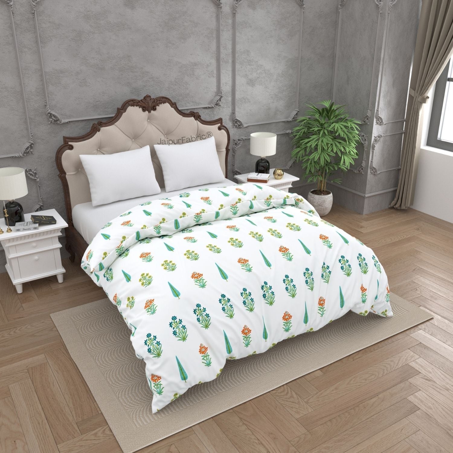 Jaipur Mela Hand Block Printed Sea Green Trees and Flowers Double Bed Quilt