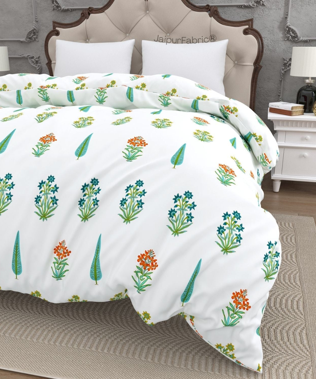 Jaipur Mela Hand Block Printed Sea Green Trees and Flowers Double Bed Quilt