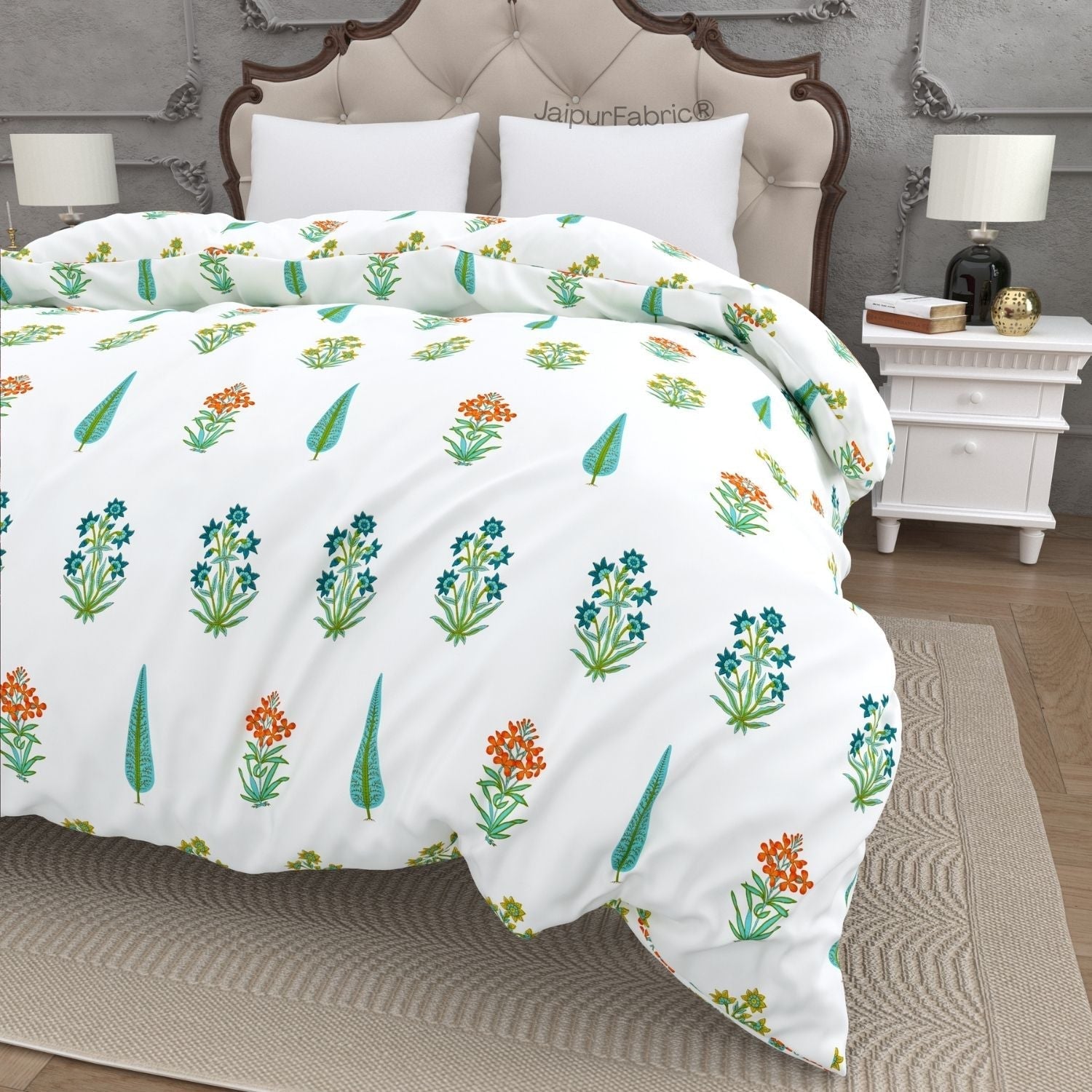 Jaipur Mela Hand Block Printed Sea Green Trees and Flowers Double Bed Quilt