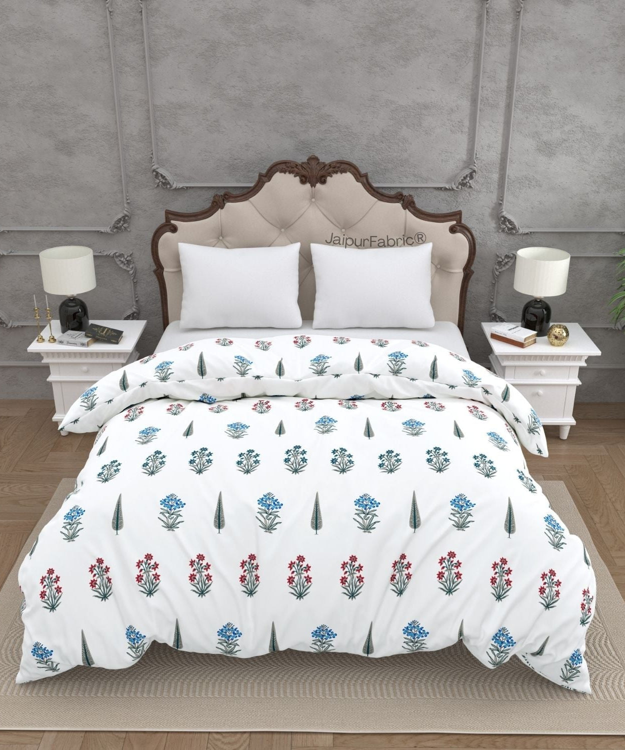 India Blocks of Red Blue Flowers Grey Leaves Block Printed Double Bed Quilt
