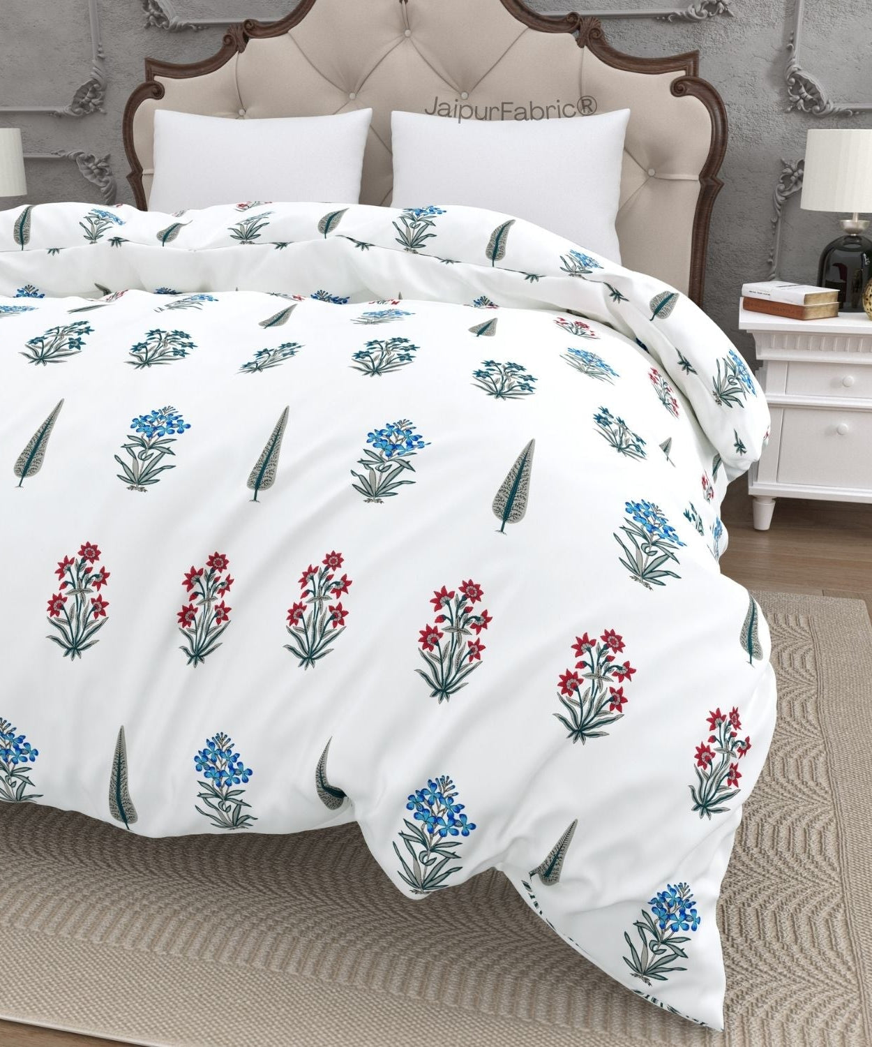 India Blocks of Red Blue Flowers Grey Leaves Block Printed Double Bed Quilt