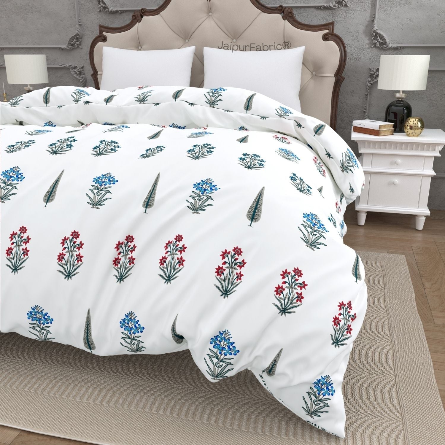 India Blocks of Red Blue Flowers Grey Leaves Block Printed Double Bed Quilt