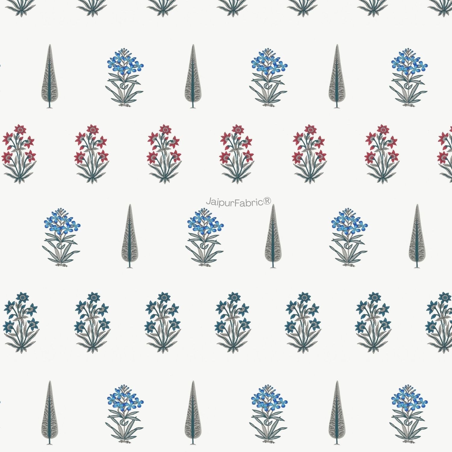 India Blocks of Red Blue Flowers Grey Leaves Block Printed Double Bed Quilt