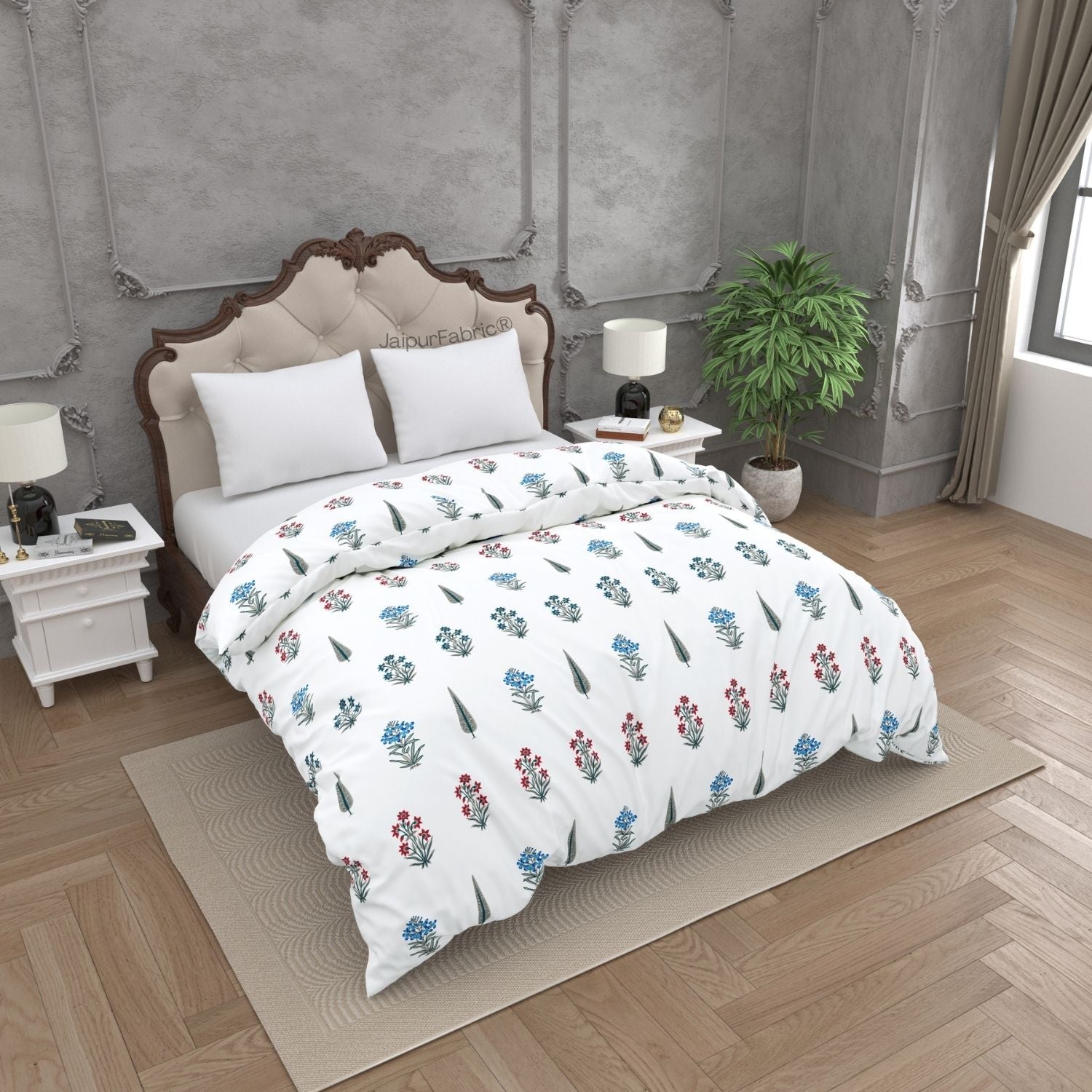 India Blocks of Red Blue Flowers Grey Leaves Block Printed Double Bed Quilt