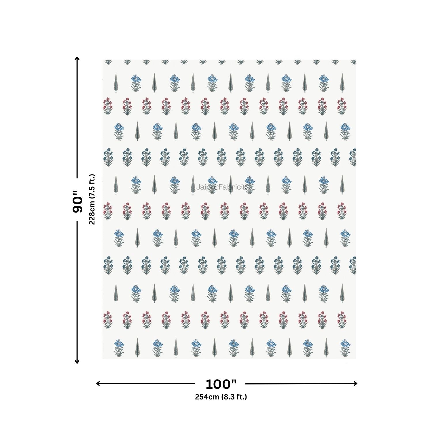 India Blocks of Red Blue Flowers Grey Leaves Block Printed Double Bed Quilt