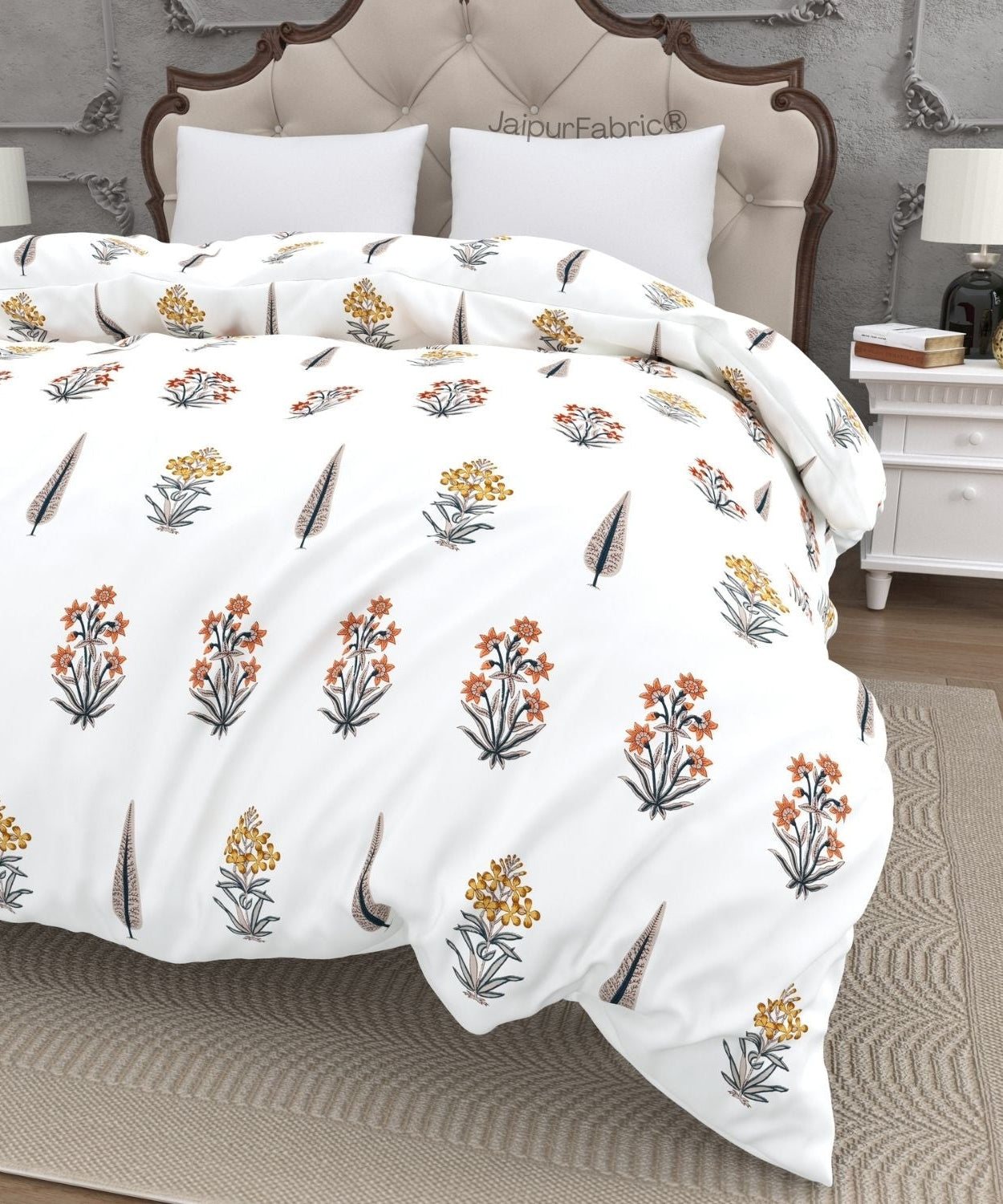 Pink Mustard Flowers Brown Leaves Jaipur Dharohar Boota Print Double Bed Quilt