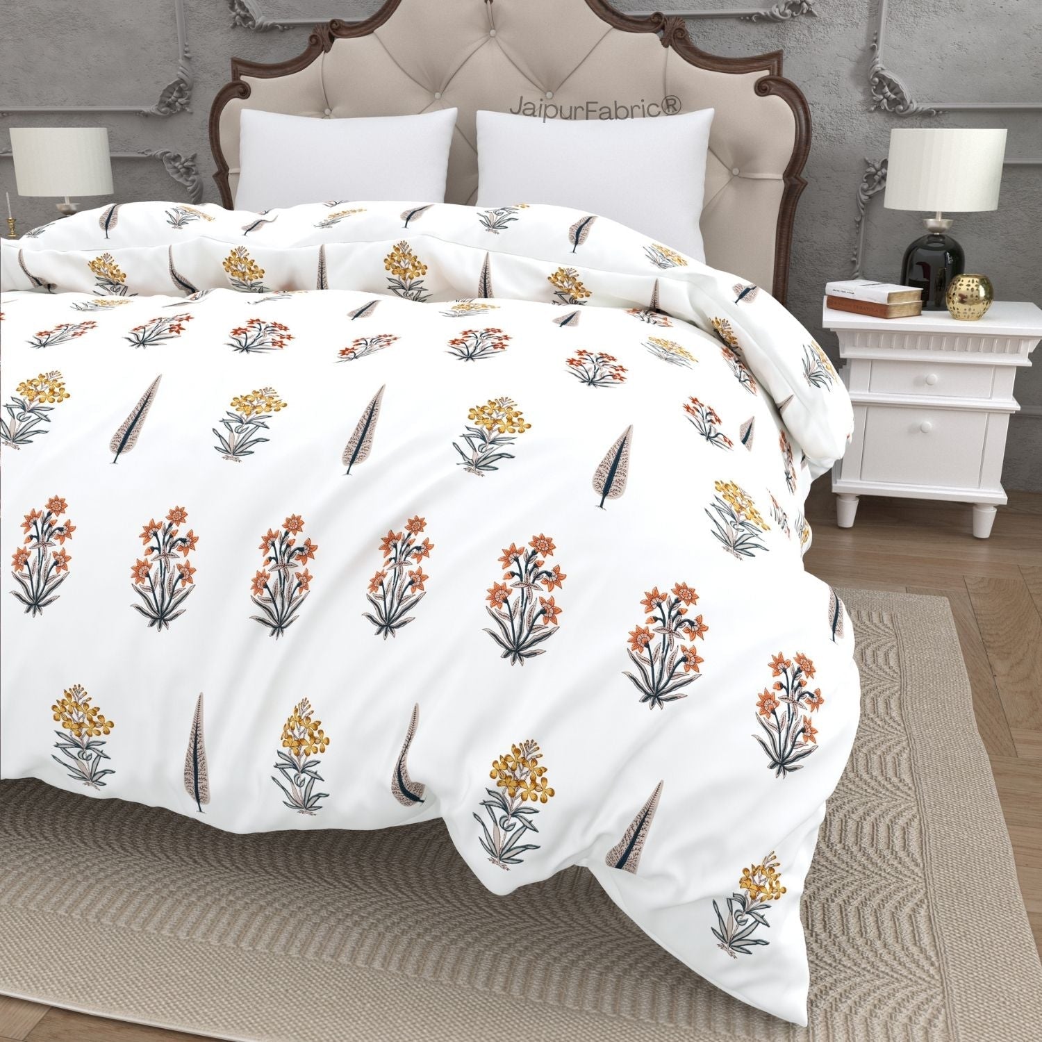 Pink Mustard Flowers Brown Leaves Jaipur Dharohar Boota Print Double Bed Quilt