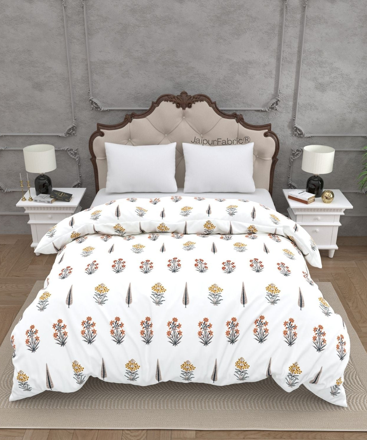 Pink Mustard Flowers Brown Leaves Jaipur Dharohar Boota Print Double Bed Quilt