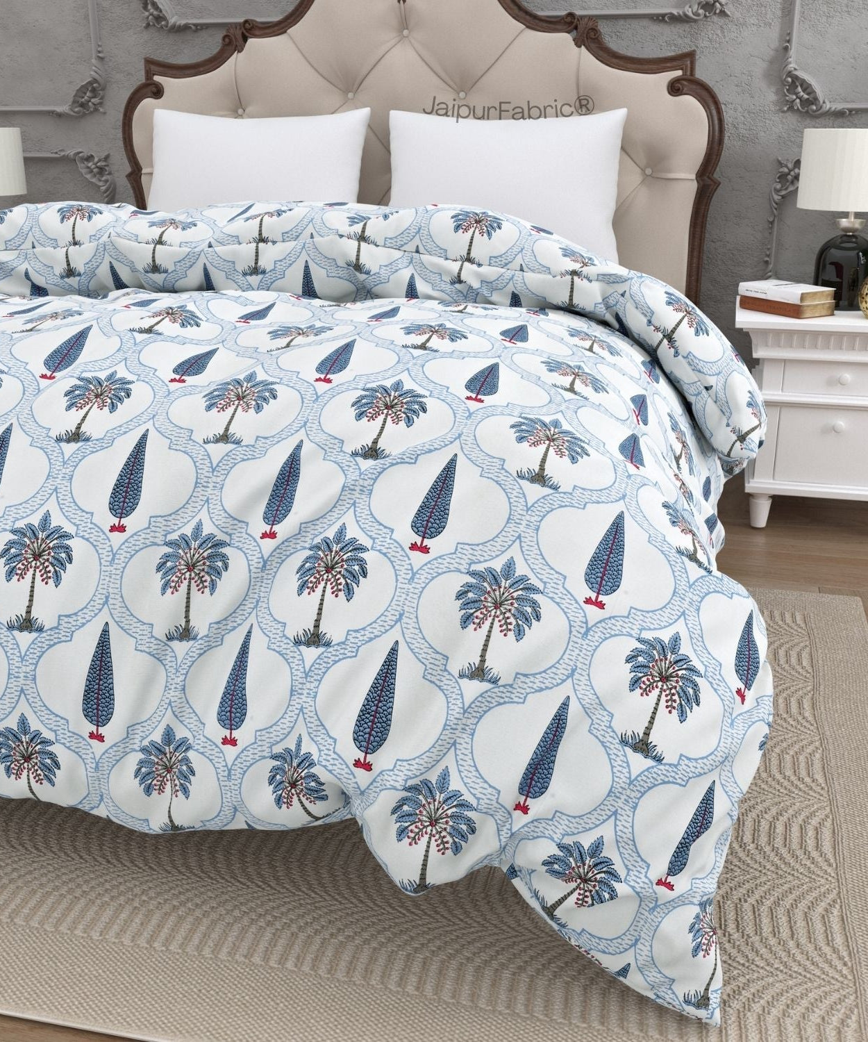 Jaipur Mela Hand Block Printed Blue Trees and Flowers Double Bed Quilt
