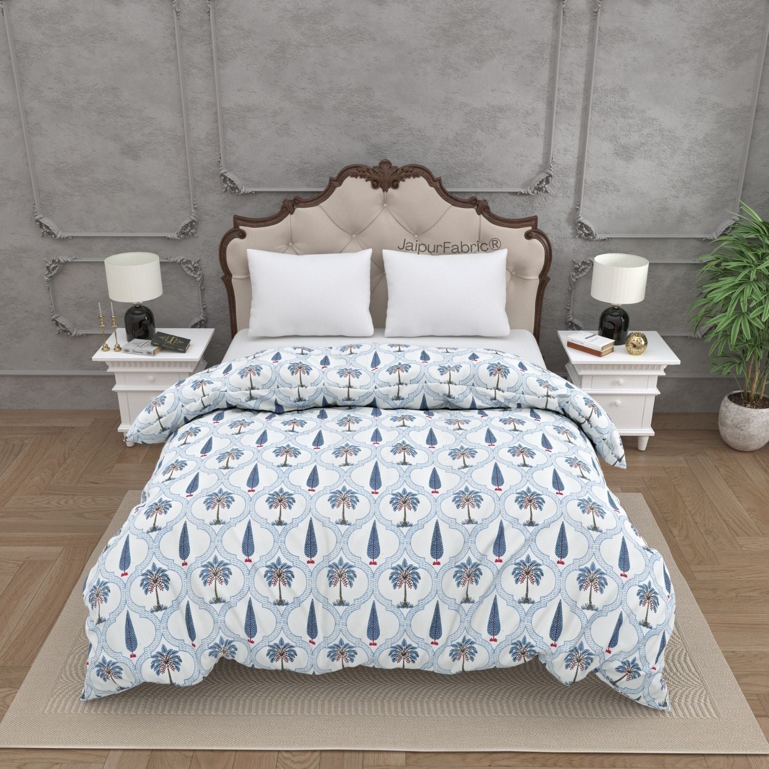 Jaipur Mela Hand Block Printed Blue Trees and Flowers Double Bed Quilt