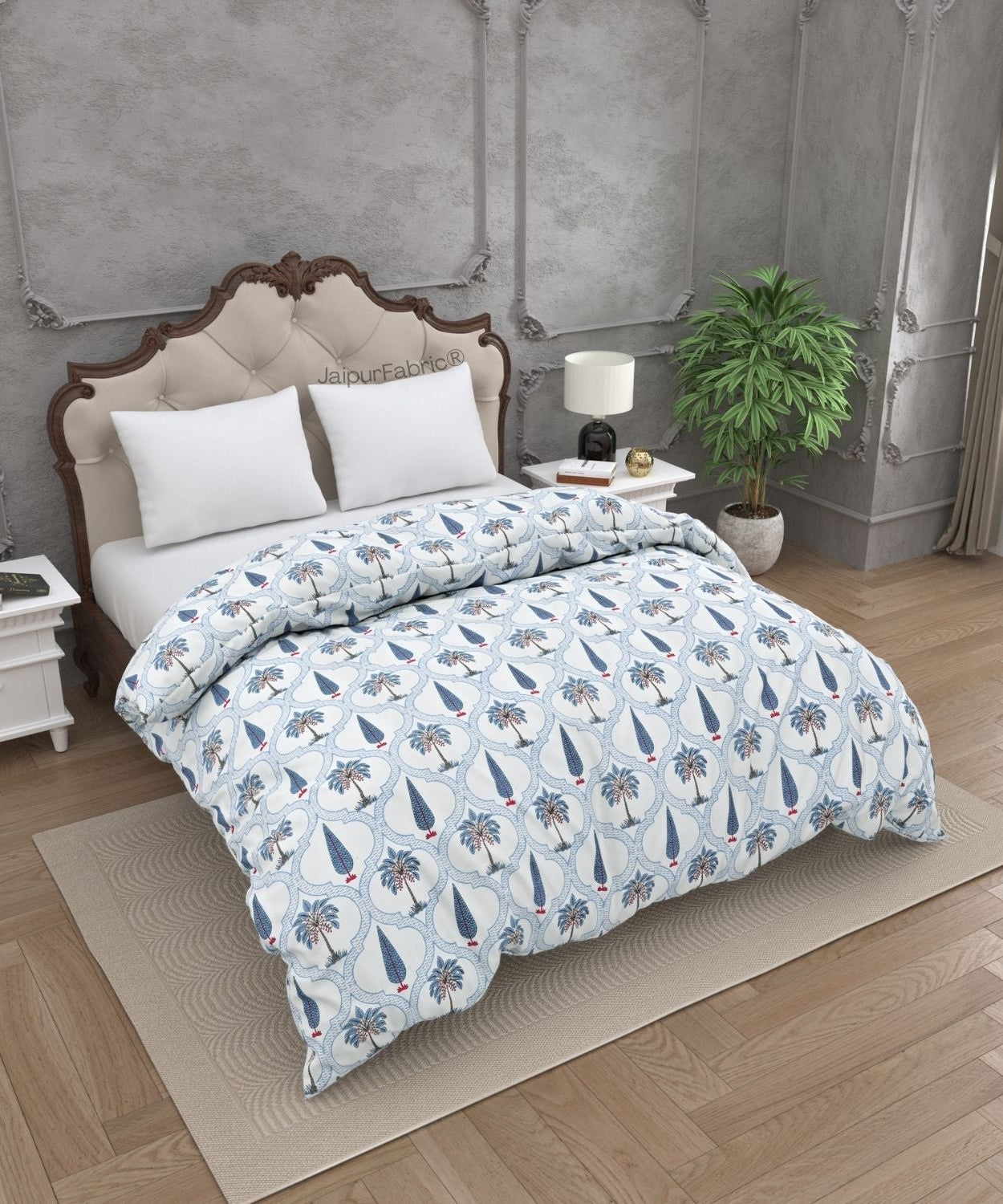 Jaipur Mela Hand Block Printed Blue Trees and Flowers Double Bed Quilt