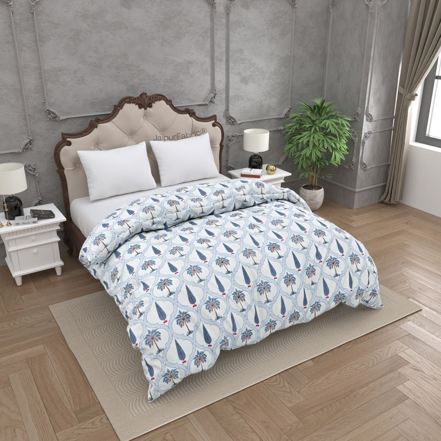 Jaipur Mela Hand Block Printed Blue Trees and Flowers Double Bed Quilt