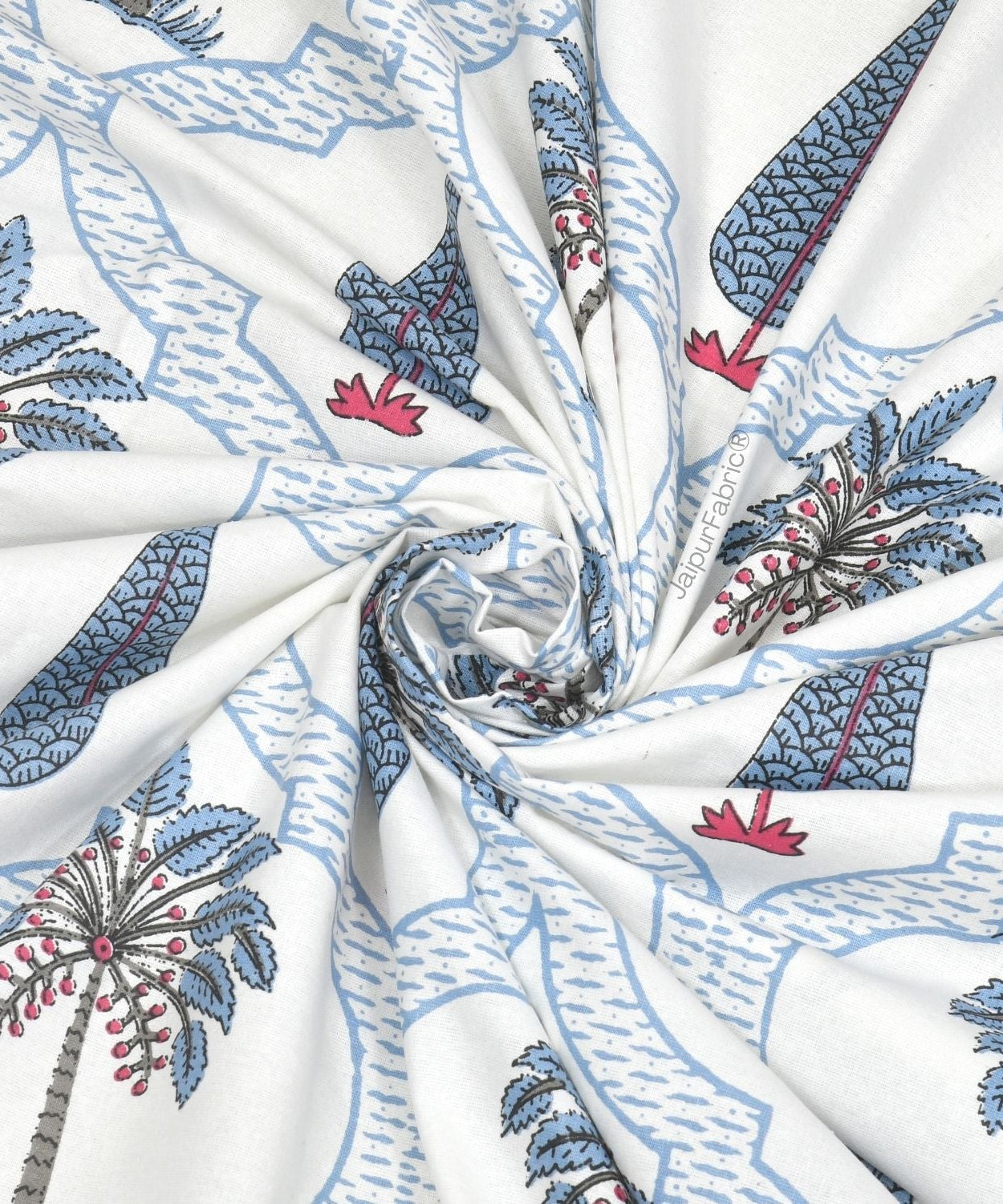 Jaipur Mela Hand Block Printed Blue Trees and Flowers Double Bed Quilt