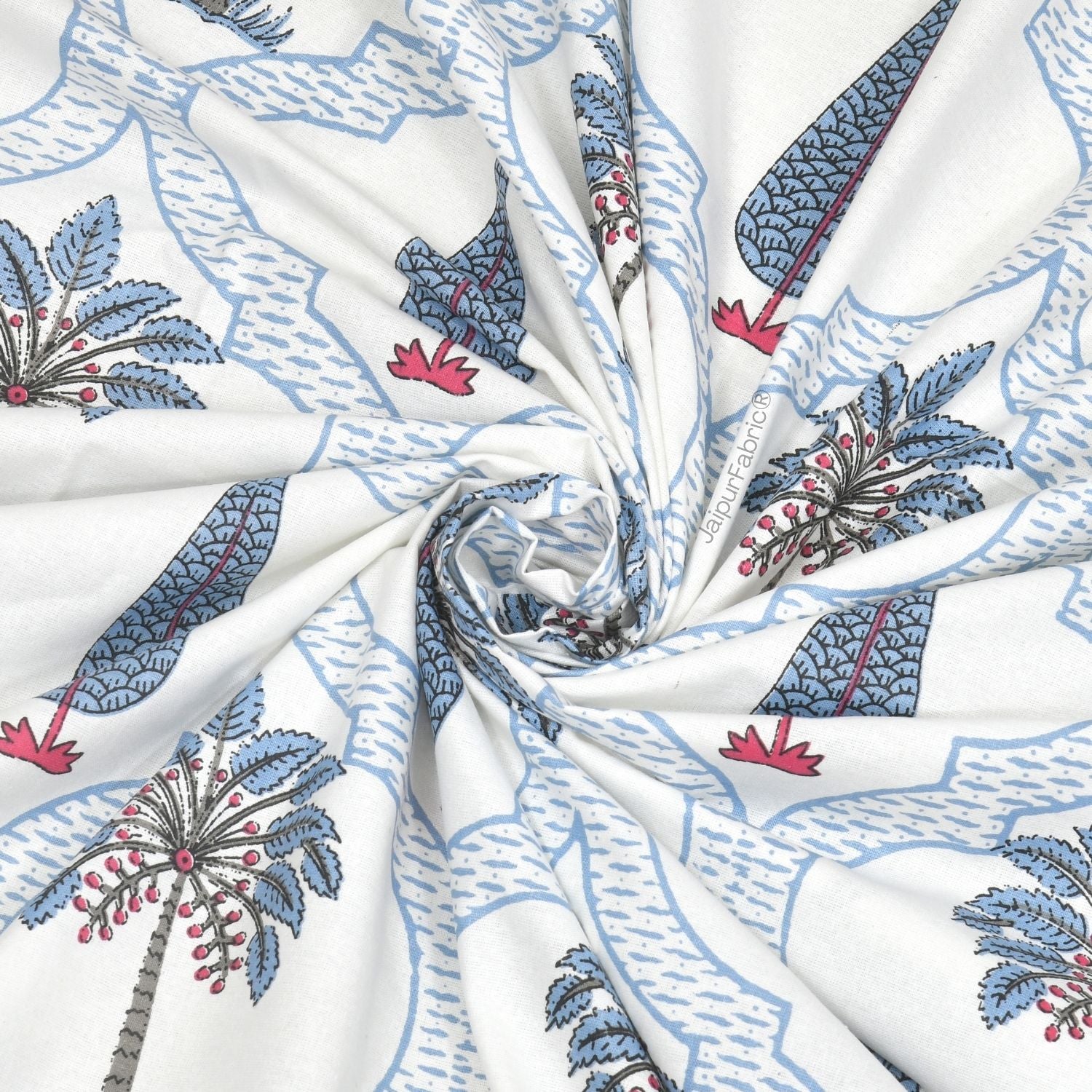 Jaipur Mela Hand Block Printed Blue Trees and Flowers Double Bed Quilt