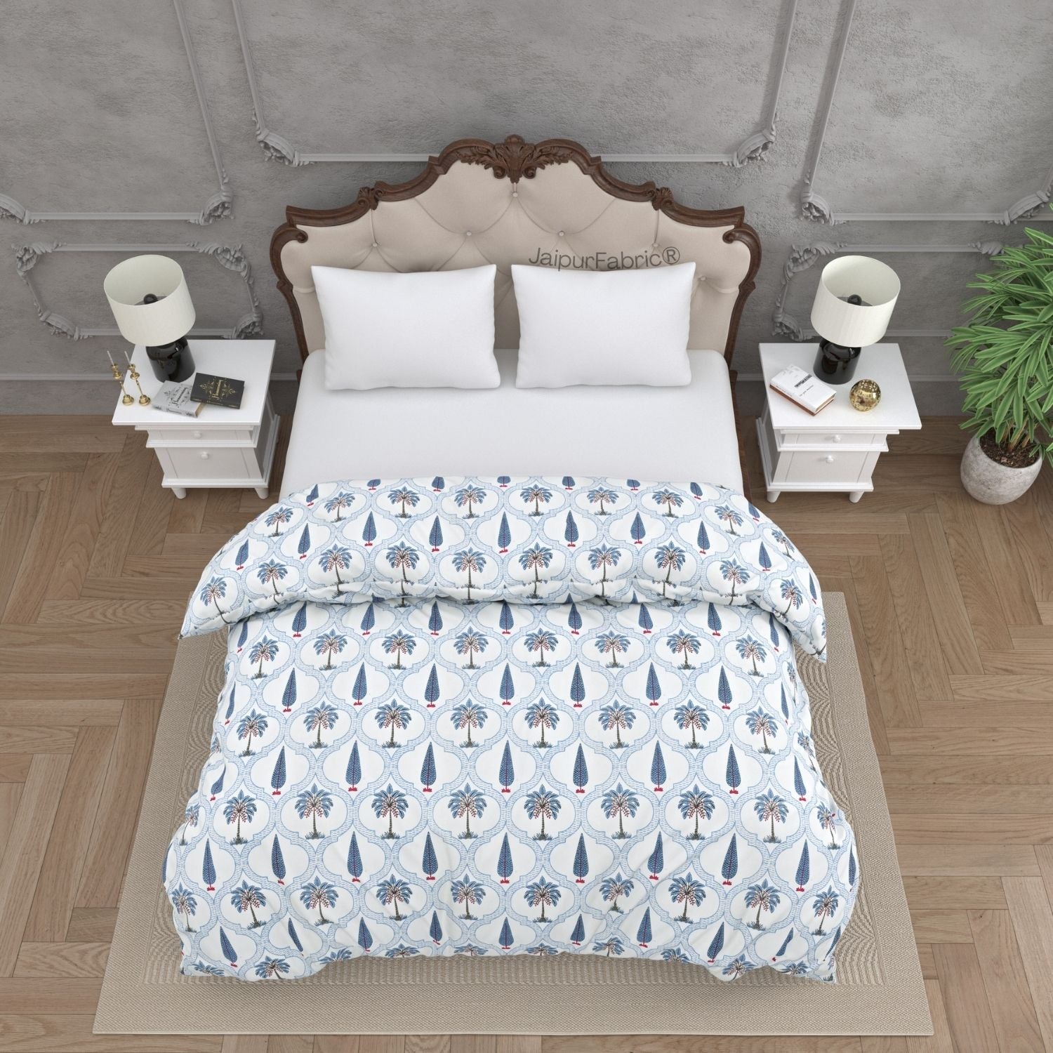 Jaipur Mela Hand Block Printed Blue Trees and Flowers Double Bed Quilt