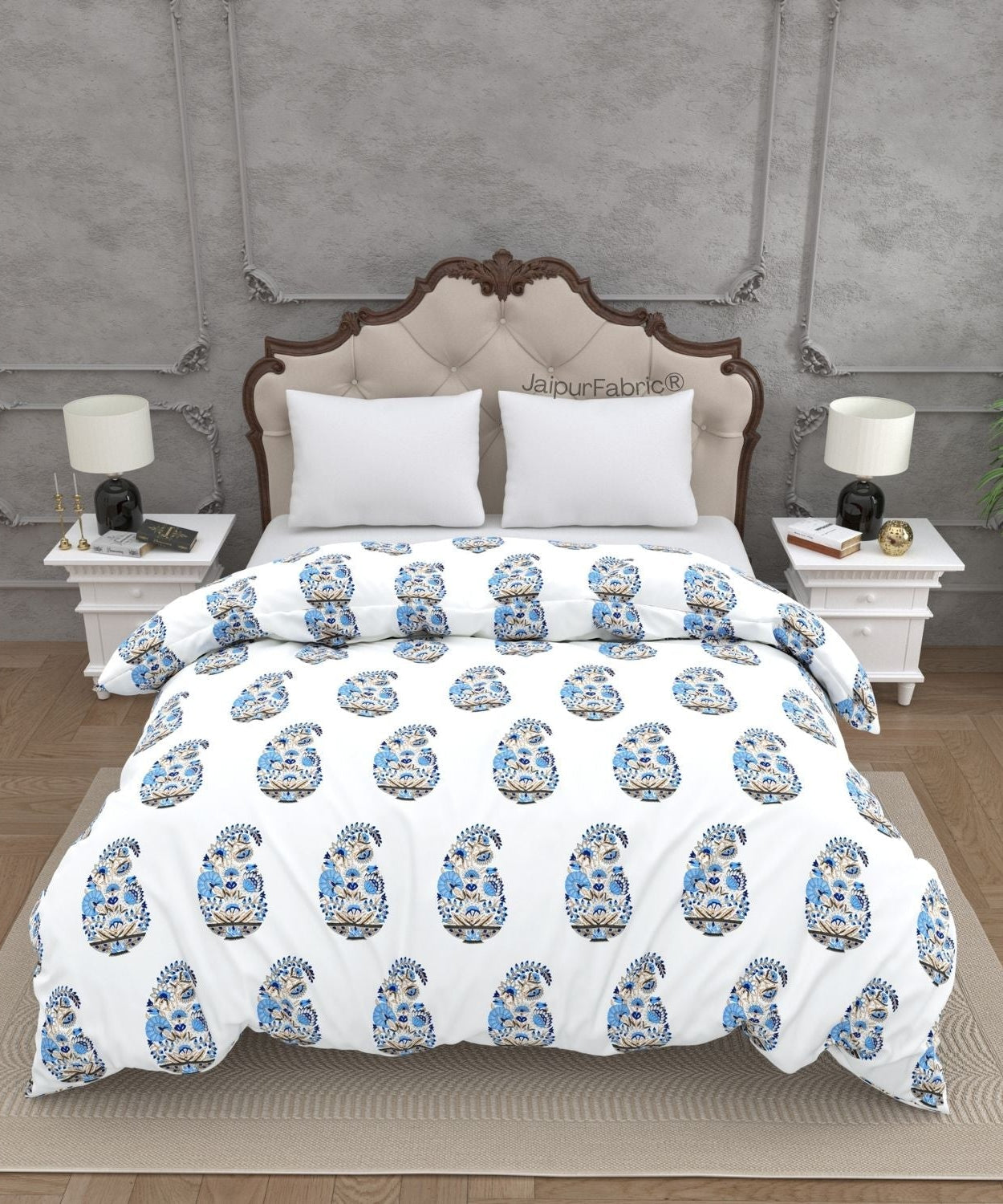 Floral Blue Indian Kairi Design Pinar Block Hand Block Printed Double Bed Quilt