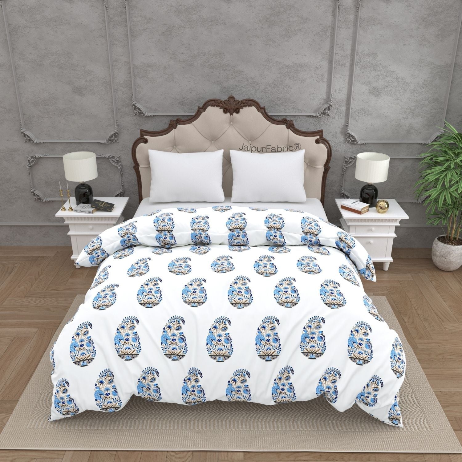 Floral Blue Indian Kairi Design Pinar Block Hand Block Printed Double Bed Quilt