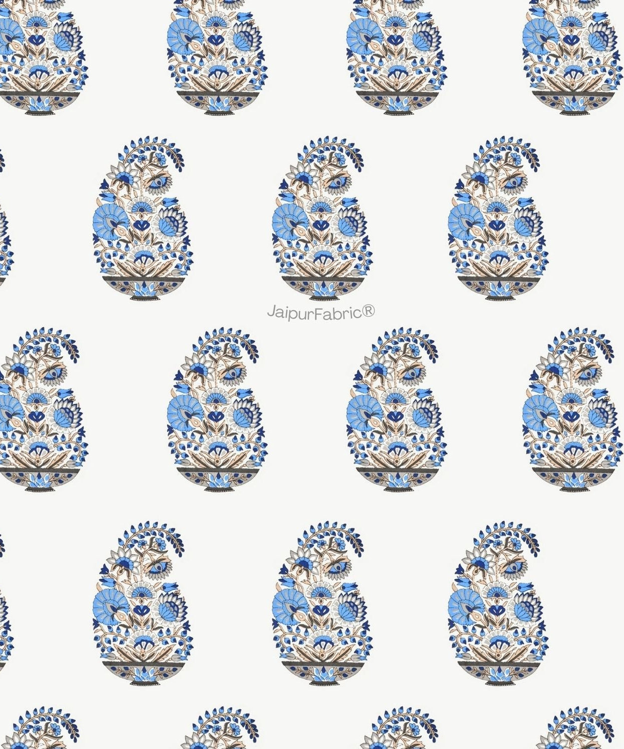 Floral Blue Indian Kairi Design Pinar Block Hand Block Printed Double Bed Quilt