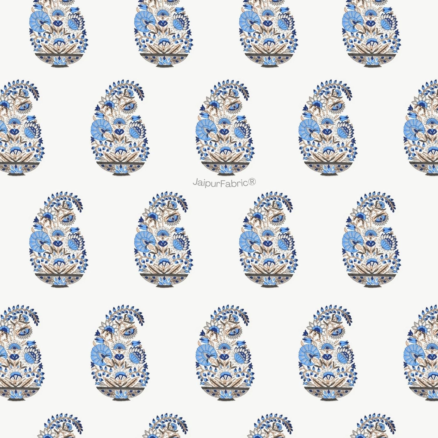 Floral Blue Indian Kairi Design Pinar Block Hand Block Printed Double Bed Quilt