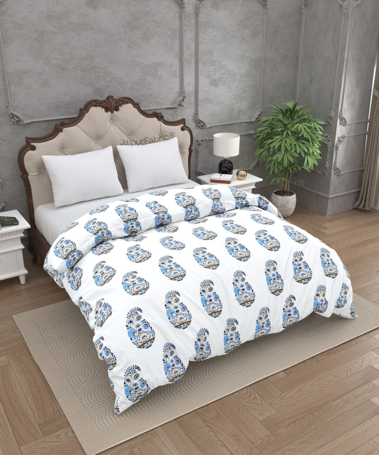 Floral Blue Indian Kairi Design Pinar Block Hand Block Printed Double Bed Quilt