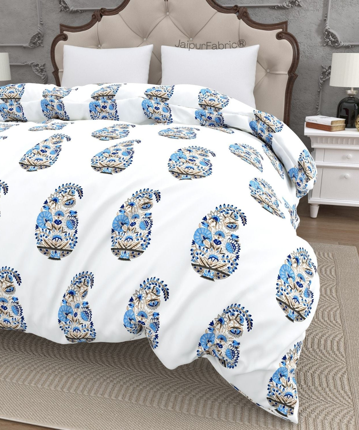 Floral Blue Indian Kairi Design Pinar Block Hand Block Printed Double Bed Quilt