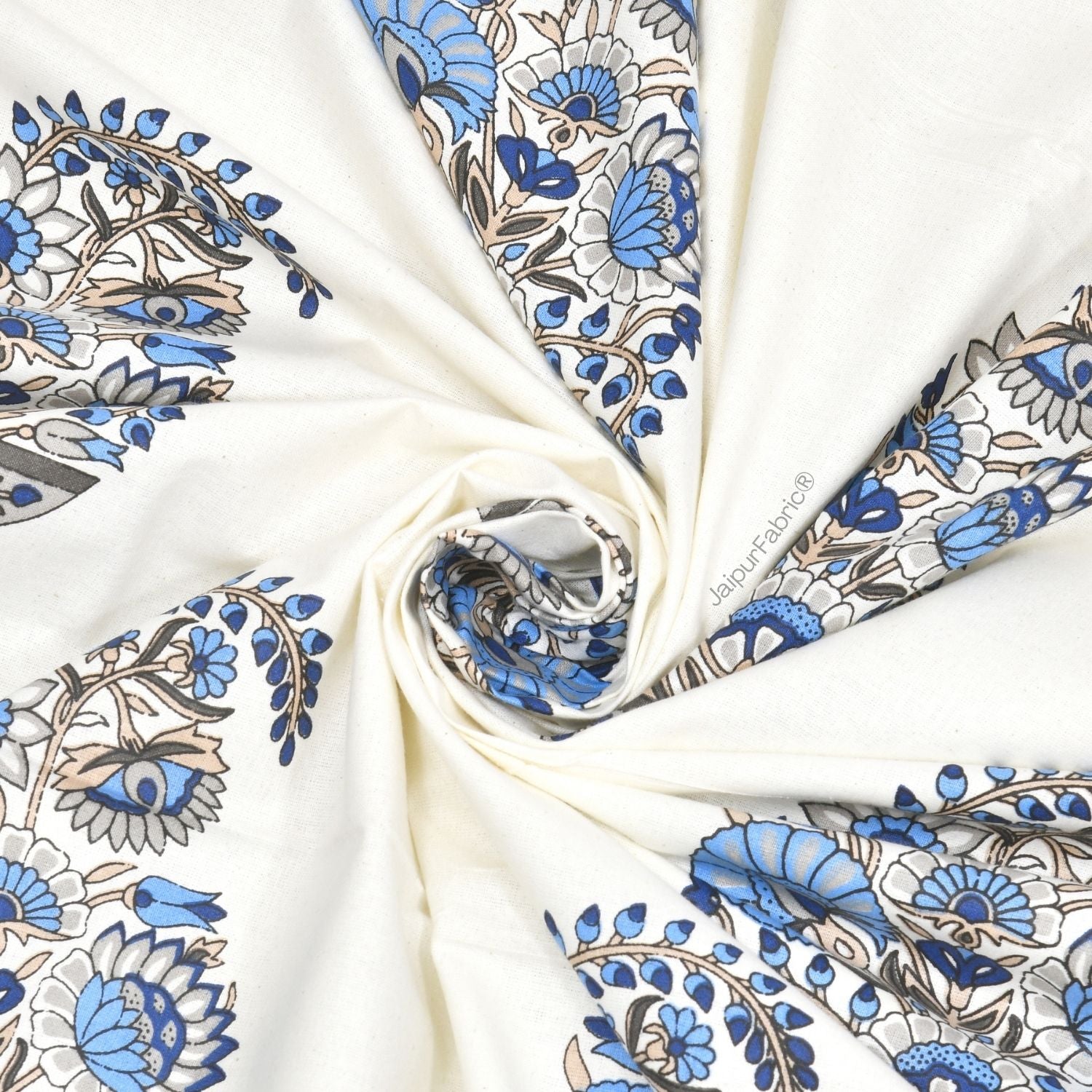 Floral Blue Indian Kairi Design Pinar Block Hand Block Printed Double Bed Quilt