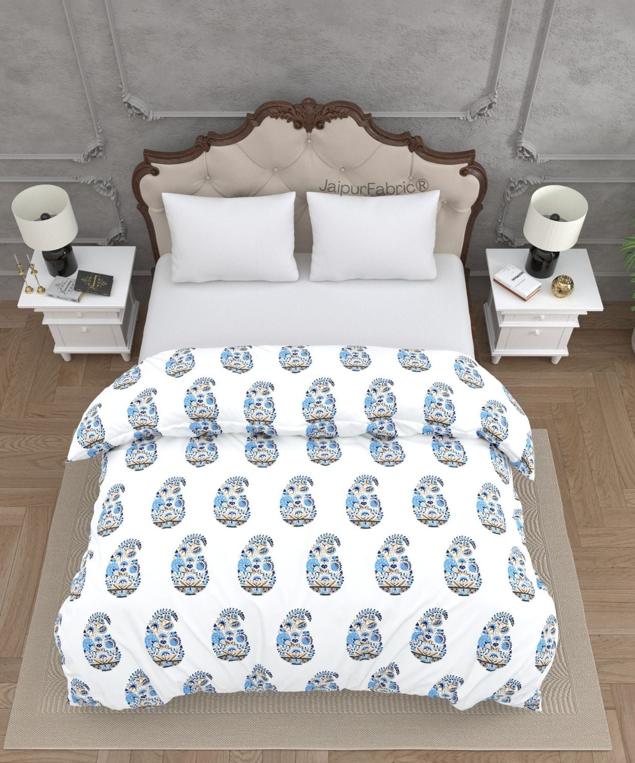 Floral Blue Indian Kairi Design Pinar Block Hand Block Printed Double Bed Quilt