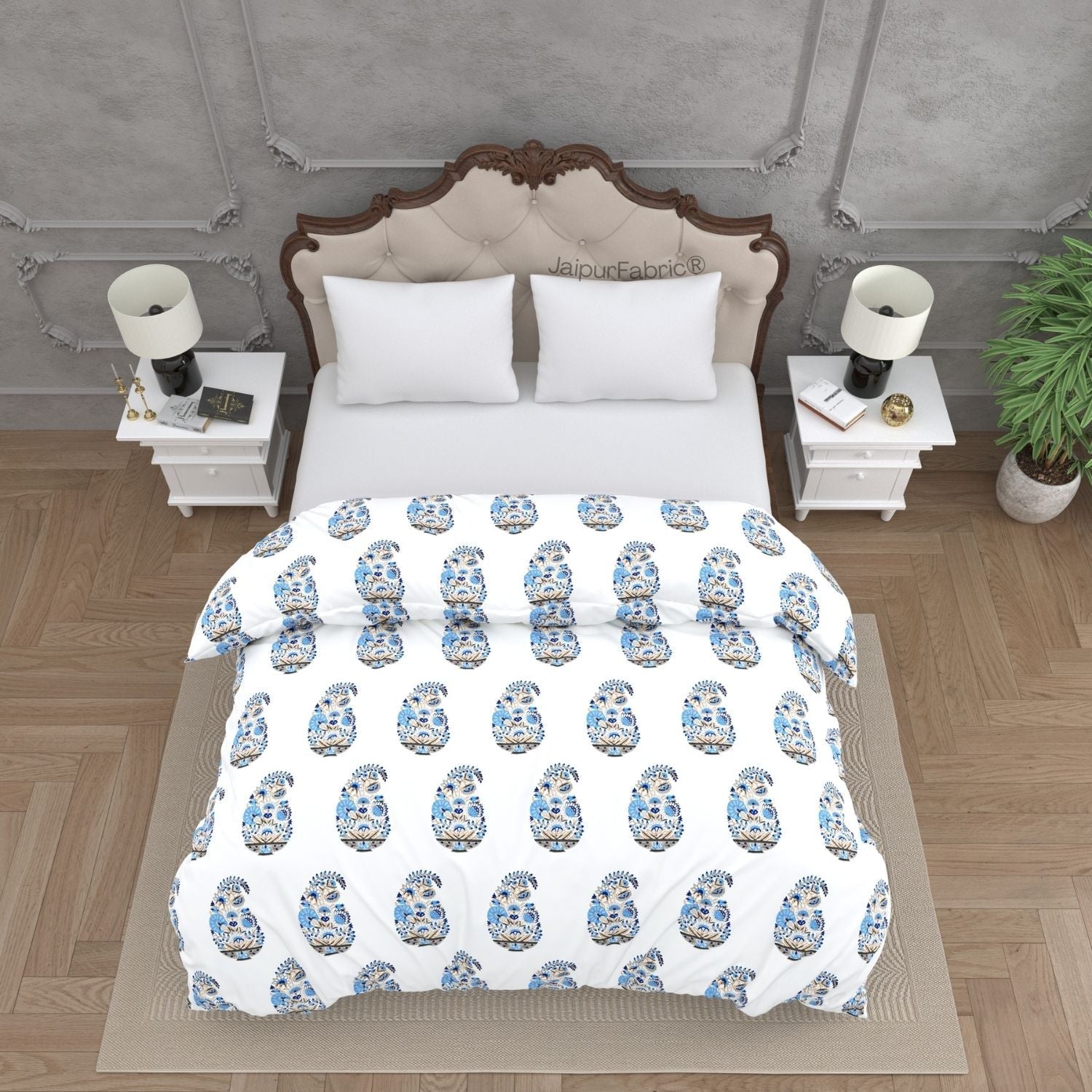 Floral Blue Indian Kairi Design Pinar Block Hand Block Printed Double Bed Quilt