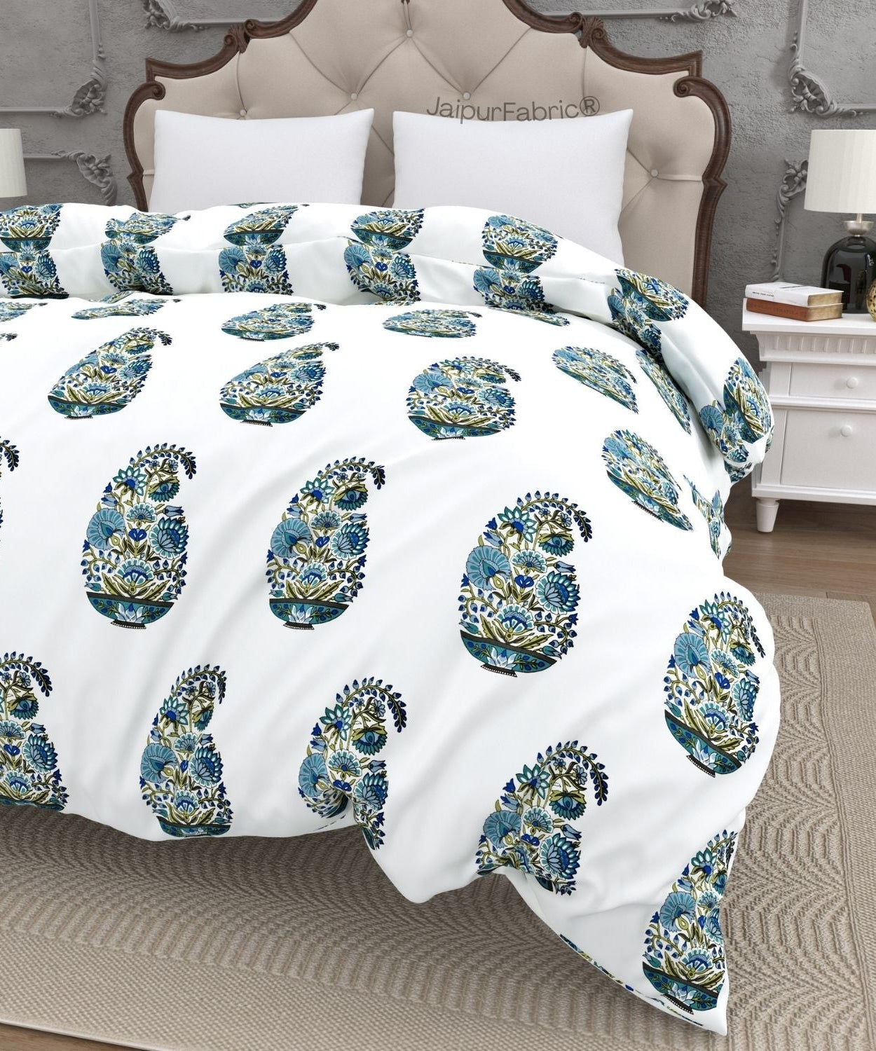 Padma Hand Block Floral Jaipuri Green Kairi Design Double Bed Quilt Crafted in India