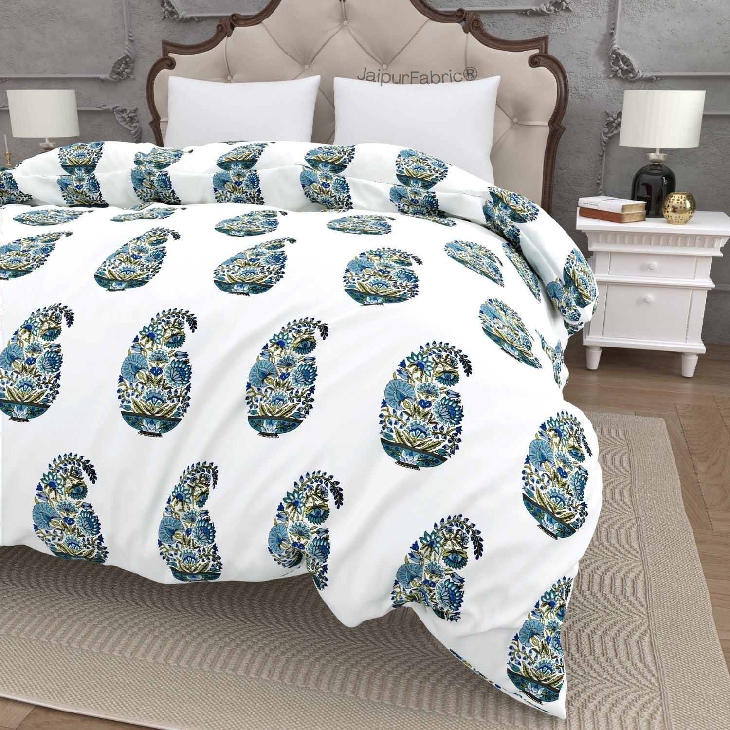 Padma Hand Block Floral Jaipuri Green Kairi Design Double Bed Quilt Crafted in India