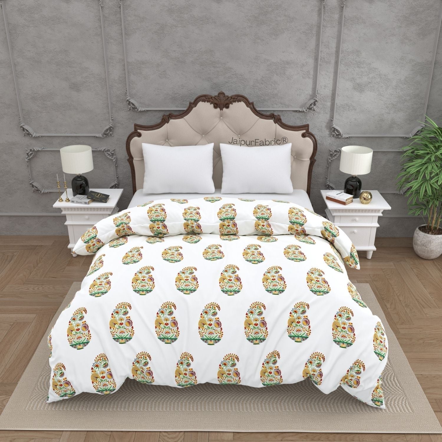 Hand Block Printed Double Bed Quilt Floral Valley Bunai Pattern Indian Kairi Design Double Bed Quilt