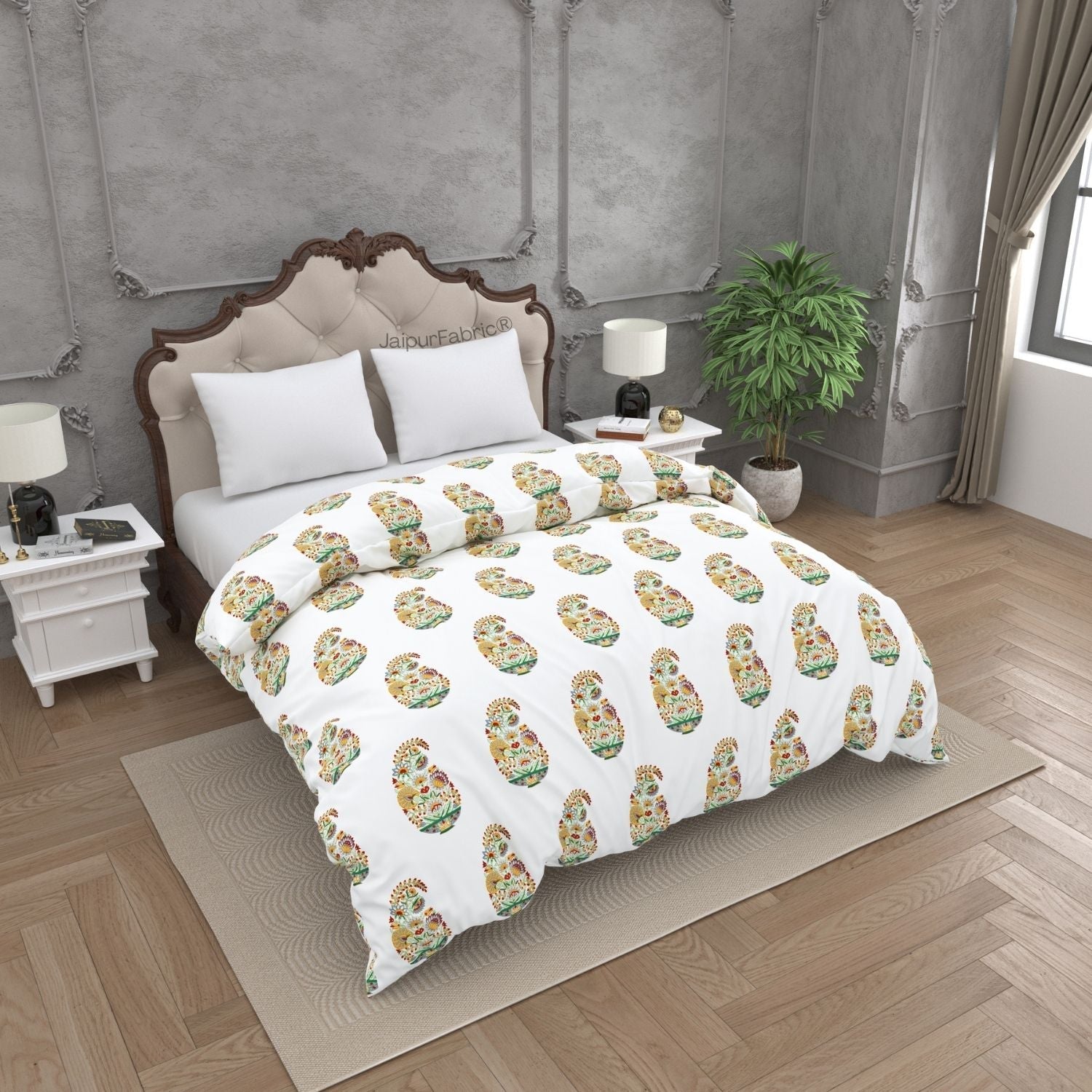 Hand Block Printed Double Bed Quilt Floral Valley Bunai Pattern Indian Kairi Design Double Bed Quilt