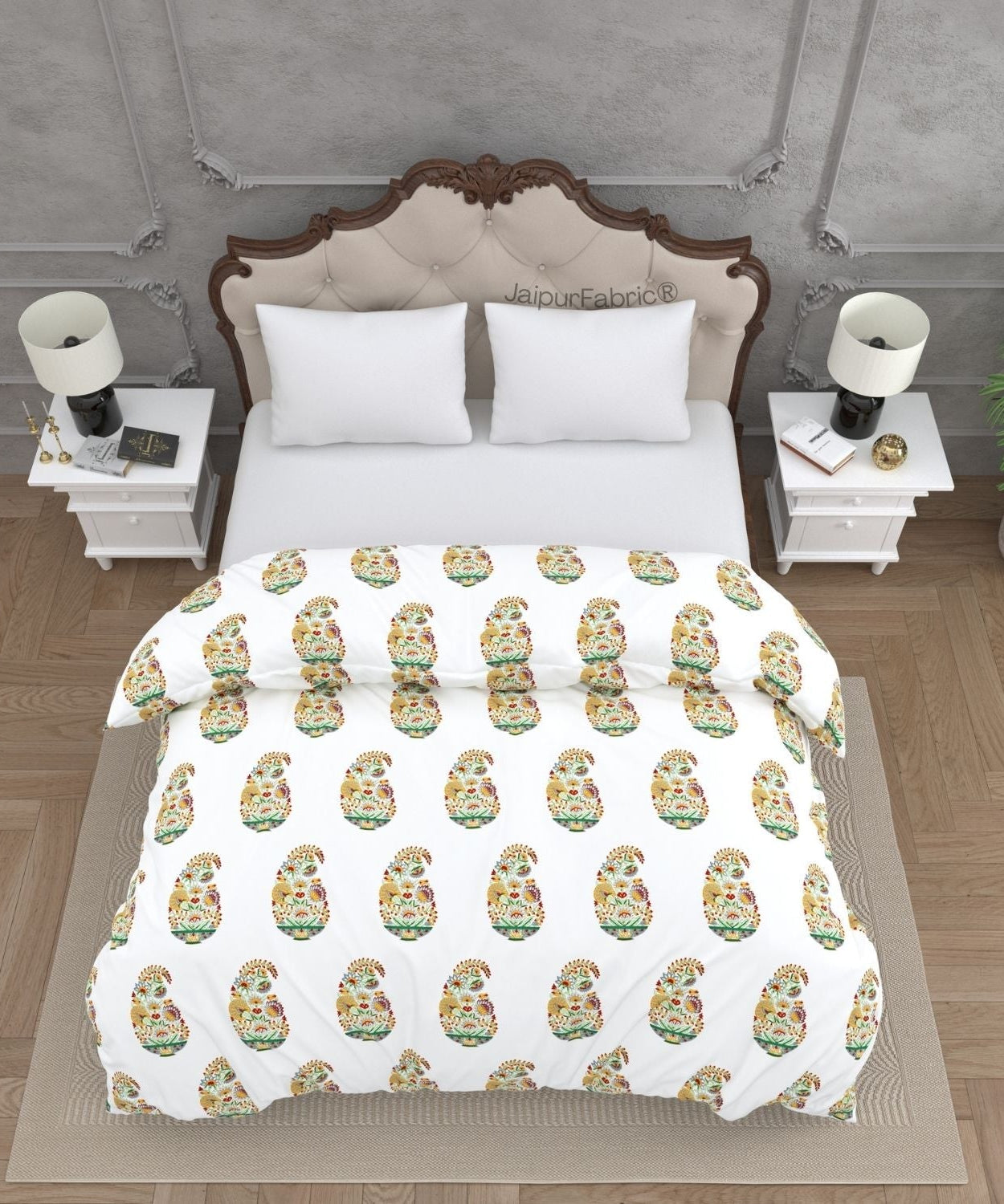 Hand Block Printed Double Bed Quilt Floral Valley Bunai Pattern Indian Kairi Design Double Bed Quilt