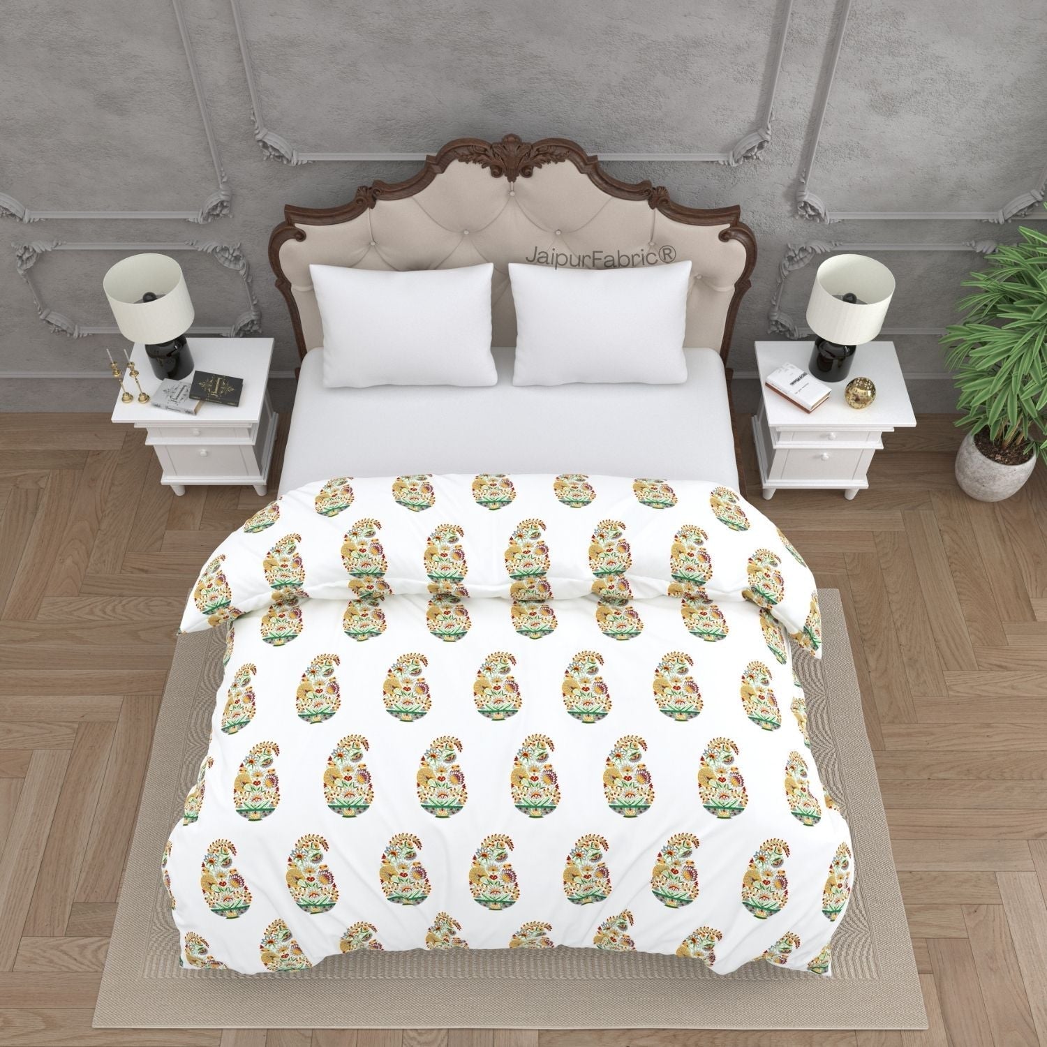 Hand Block Printed Double Bed Quilt Floral Valley Bunai Pattern Indian Kairi Design Double Bed Quilt